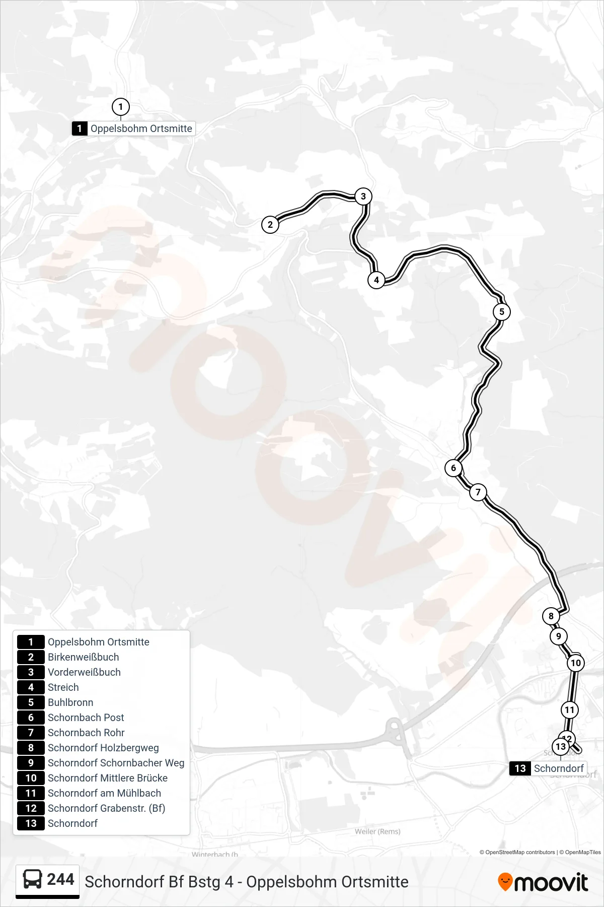 244 bus Line (Schorndorf) route and stops on a map