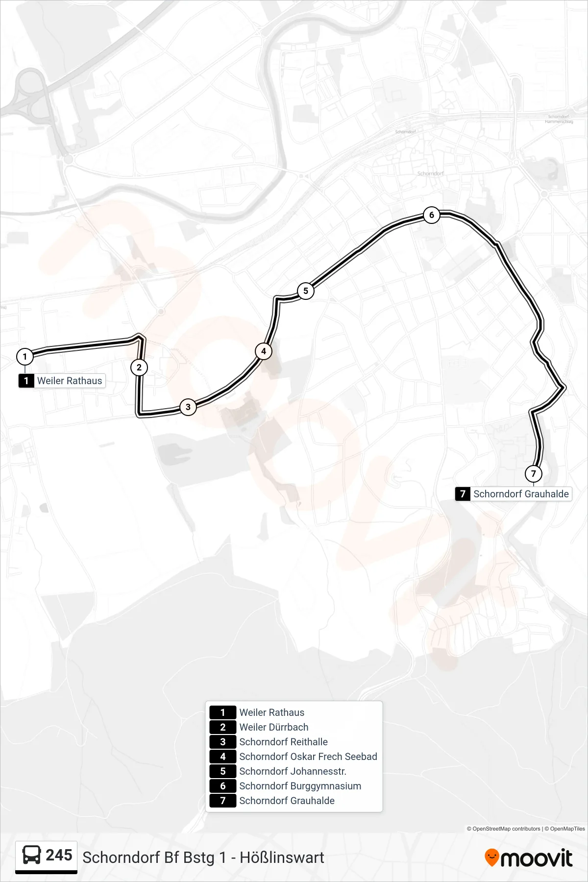 Linie 245 (Bus) Richtung Schorndorf Grauhalde: Route und Haltestellen auf der Karte