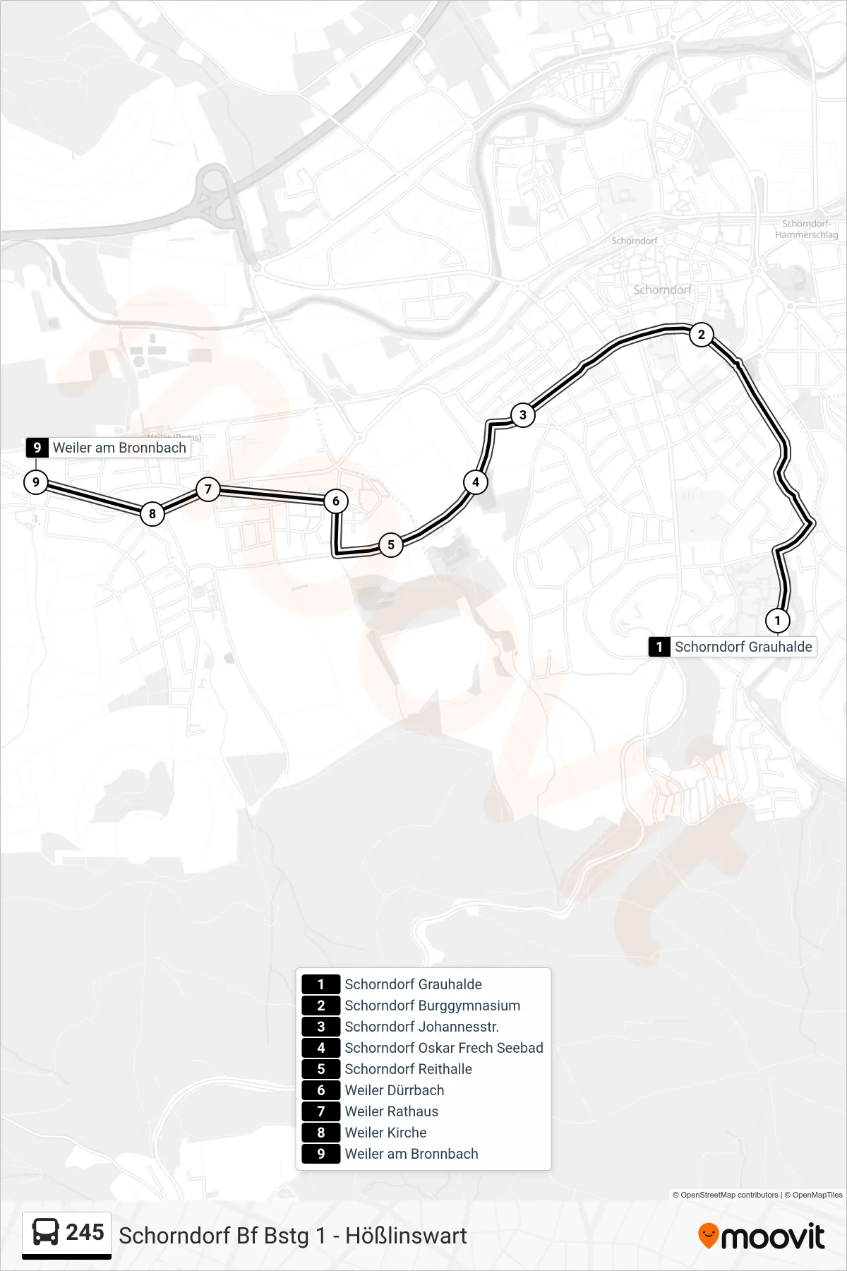 245 bus Line (Weiler am Bronnbach) route and stops on a map