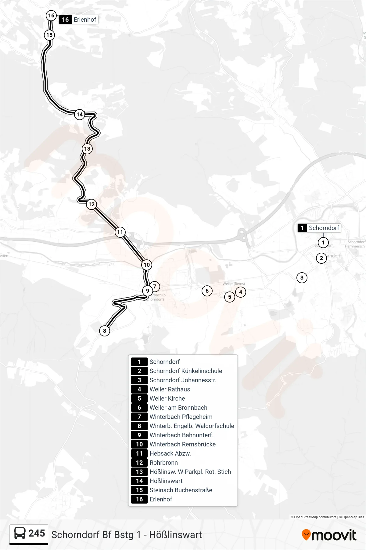 245 bus Line (Ödernhardt Erlenhof) route and stops on a map