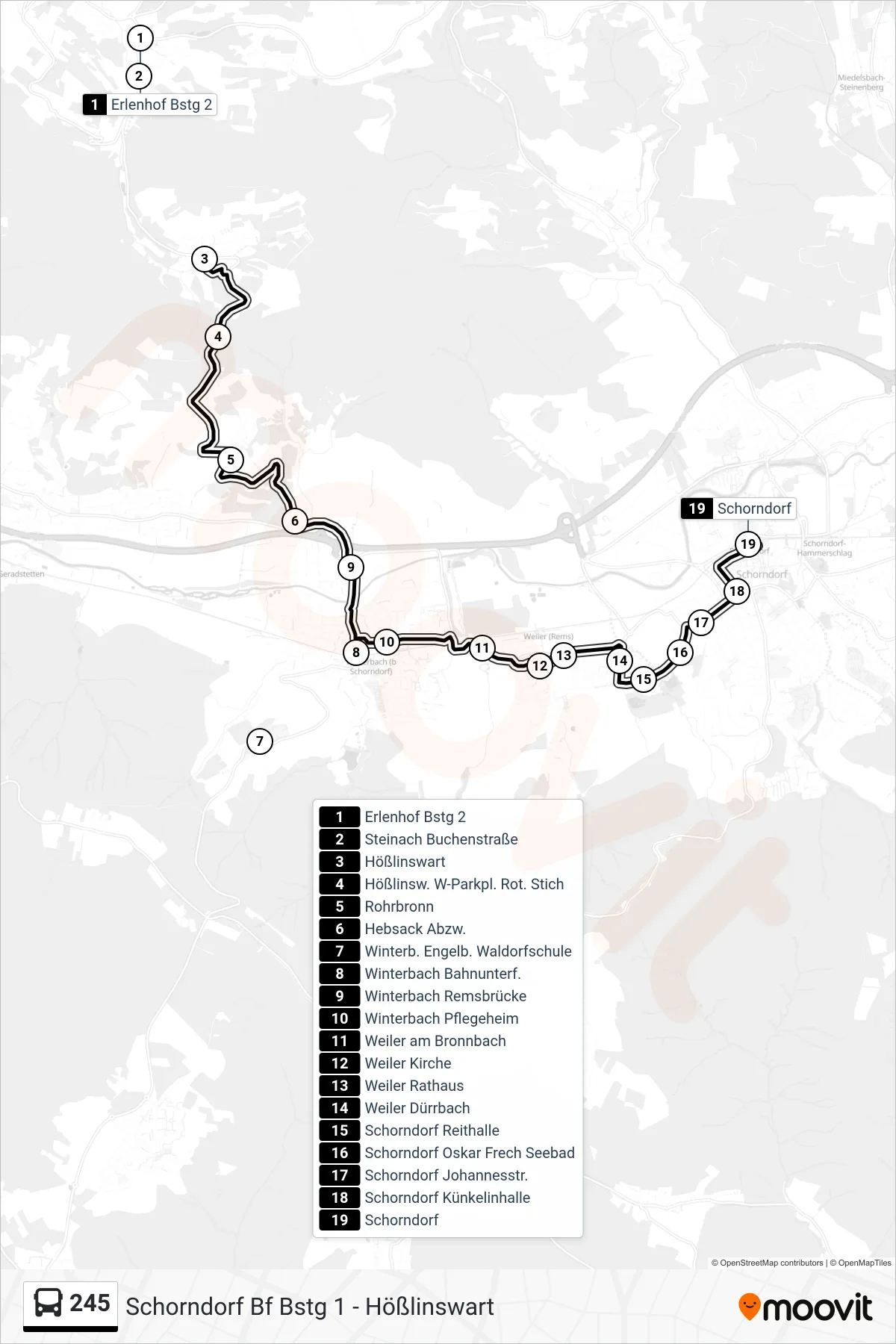 245 bus Line (Schorndorf) route and stops on a map