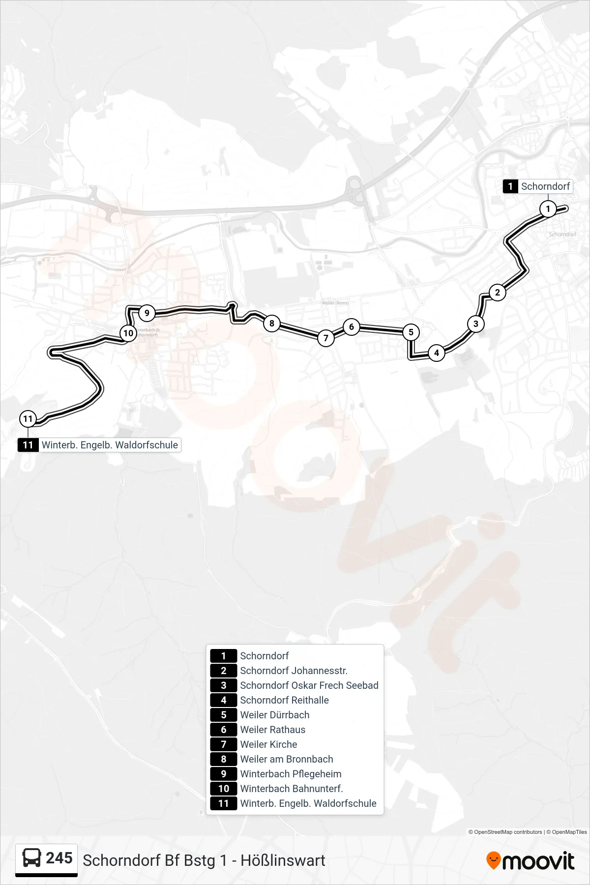 245 bus Line (Winterb. Engelb. Waldorfschule) route and stops on a map