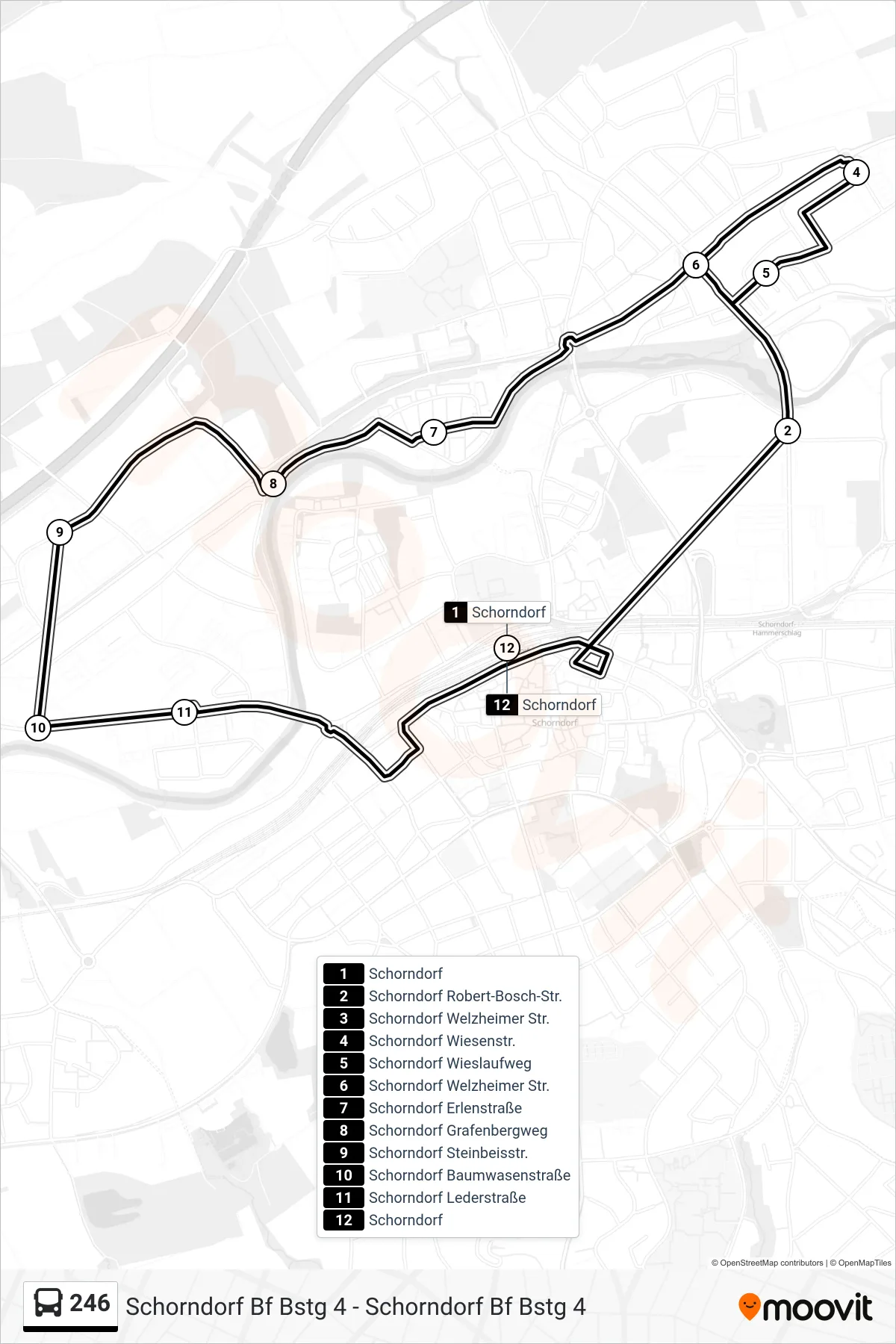 246 bus Line (Schorndorf) route and stops on a map
