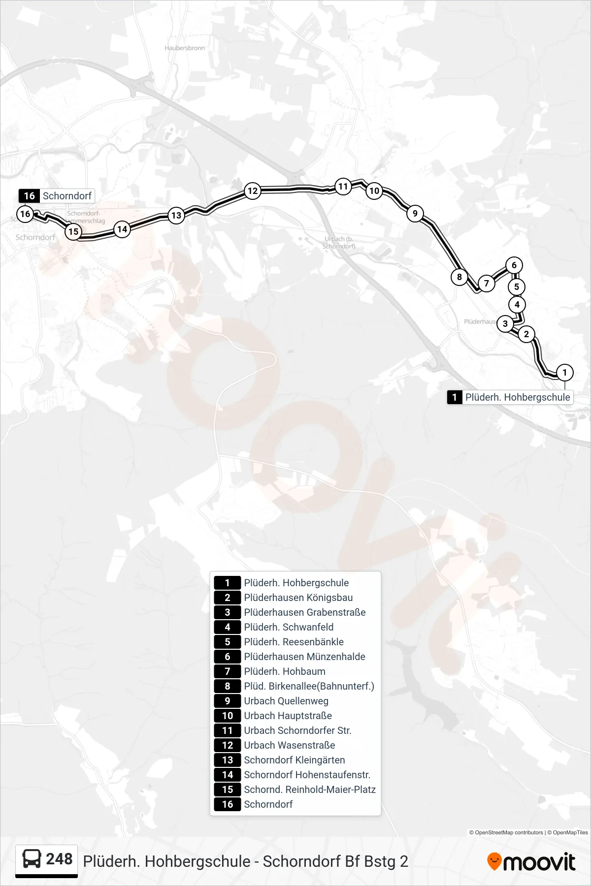 Linie 248 (Bus) Richtung Schorndorf: Route und Haltestellen auf der Karte