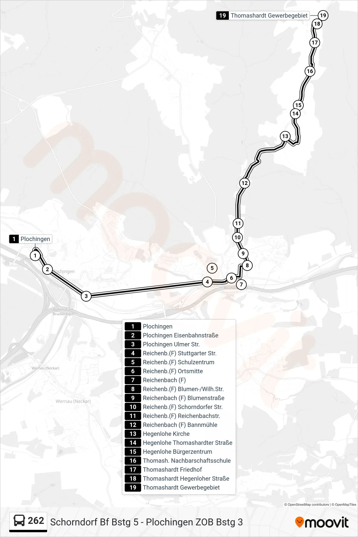 262 bus Line (Thomashardt Gewerbegebiet) route and stops on a map