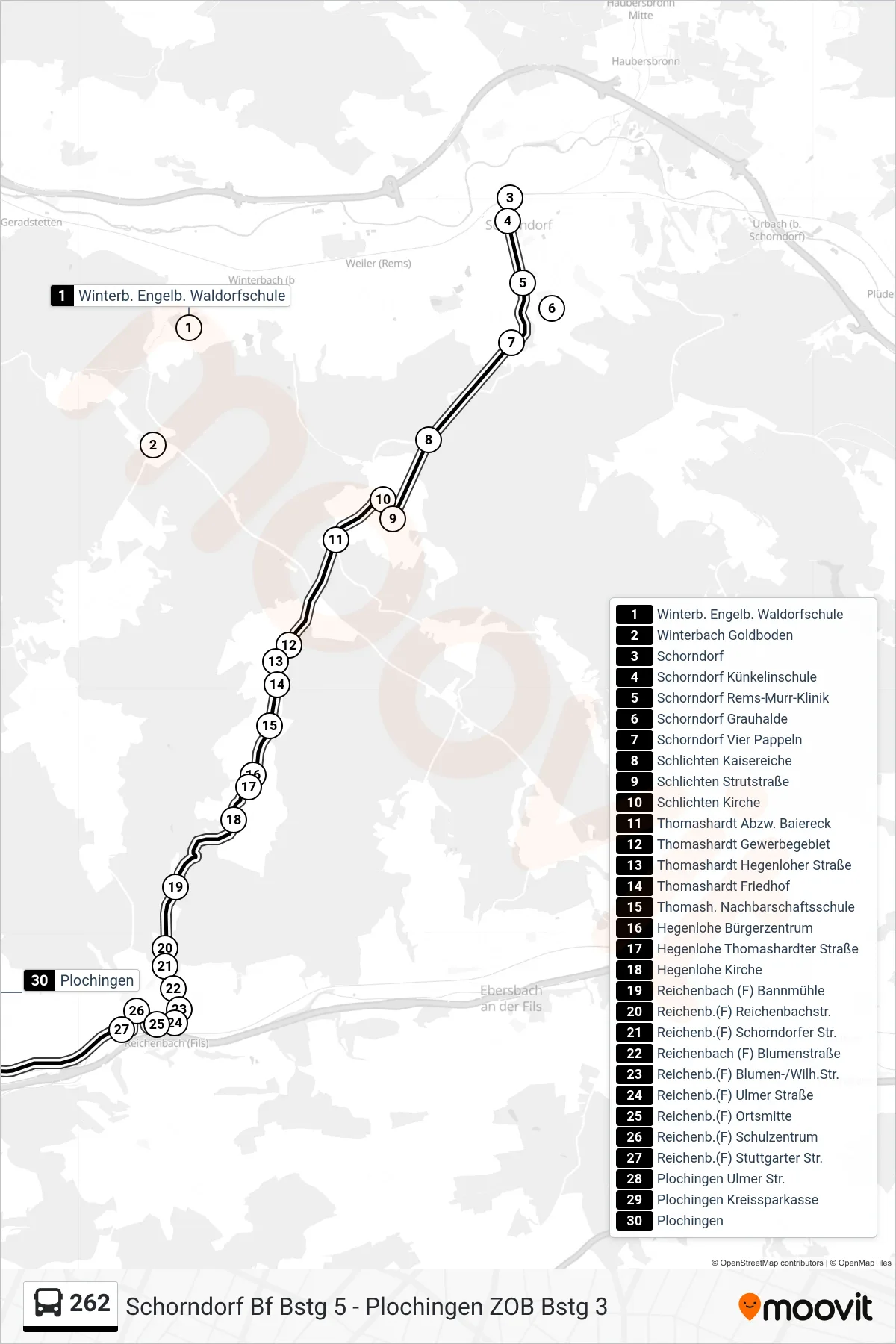 262 bus Line (Plochingen) route and stops on a map