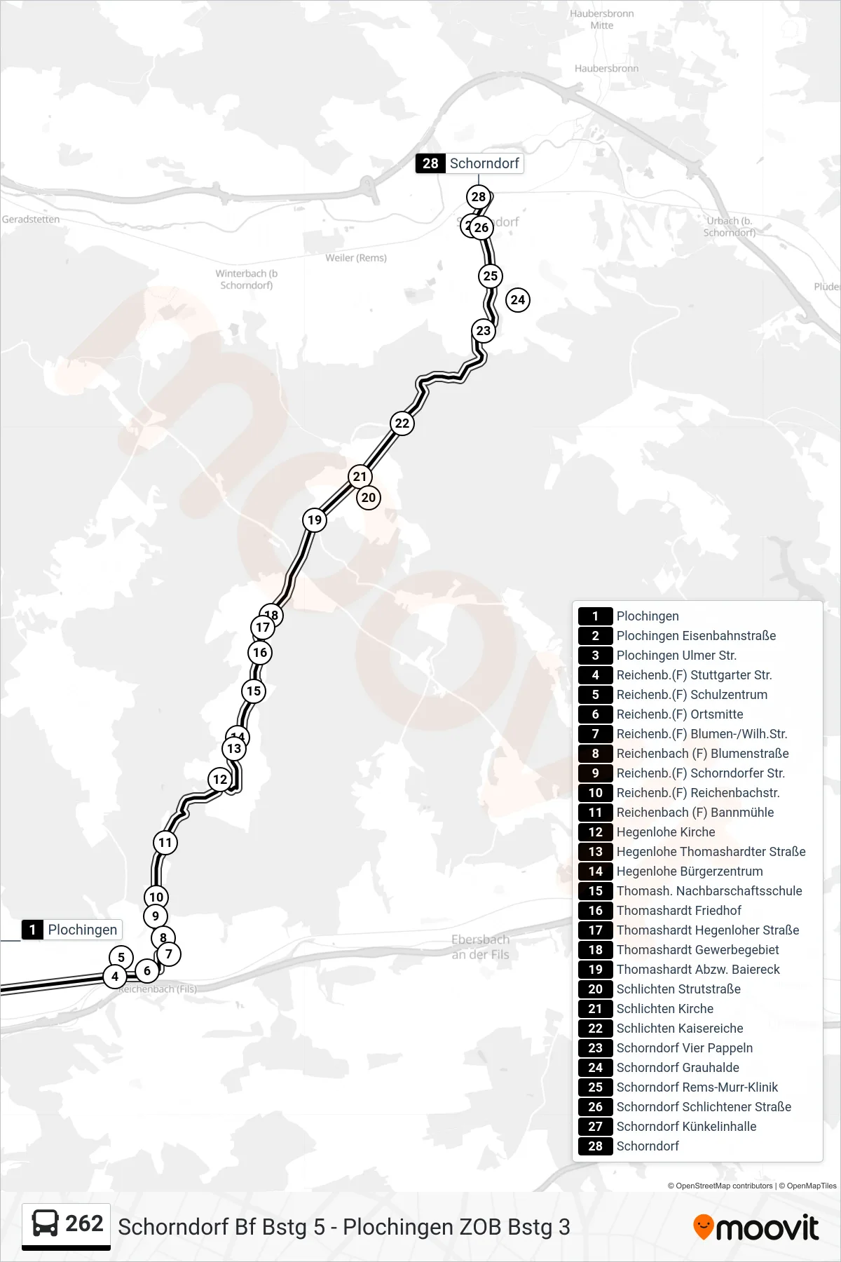 262 bus Line (Schorndorf) route and stops on a map