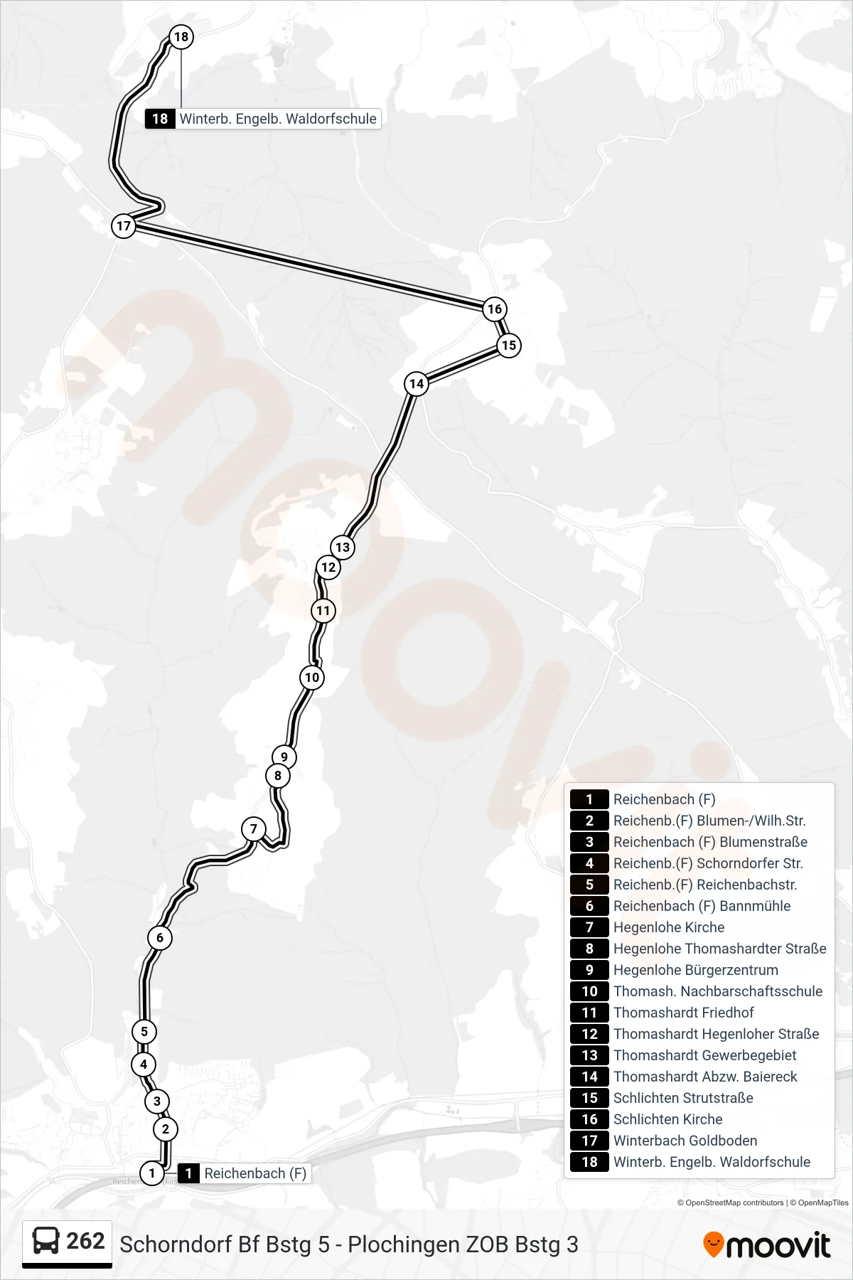 262 bus Line (Winterb. Engelb. Waldorfschule) route and stops on a map