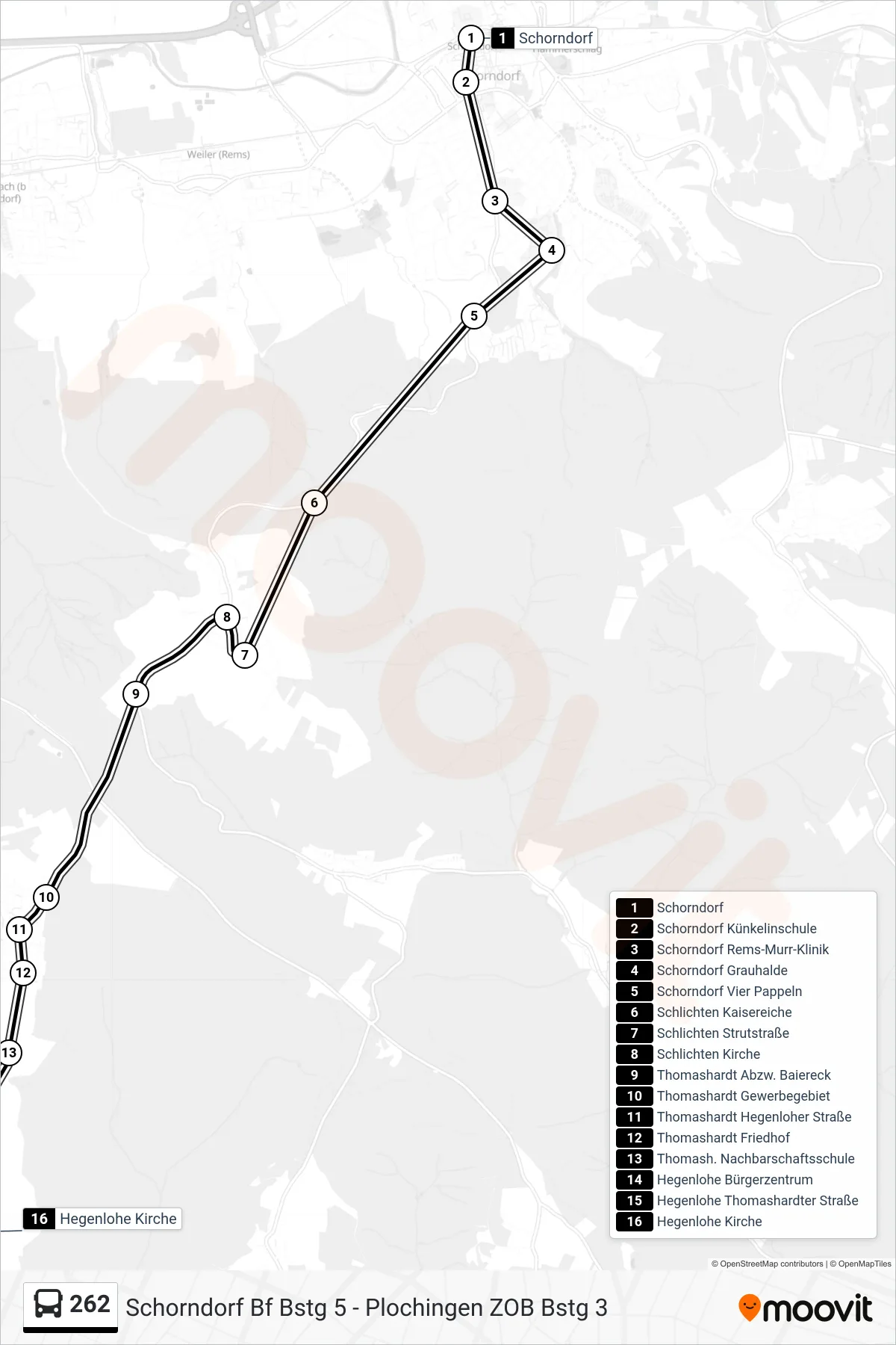 262 bus Line (Hegenlohe Kirche) route and stops on a map
