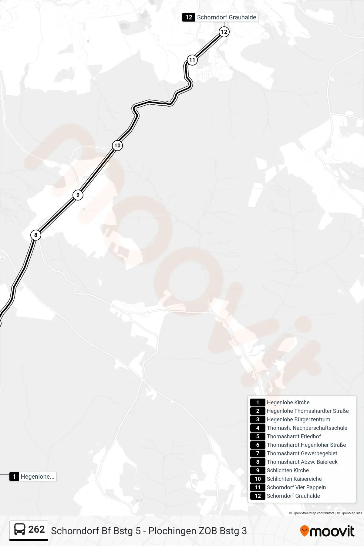 262 bus Line (Schorndorf Grauhalde) route and stops on a map