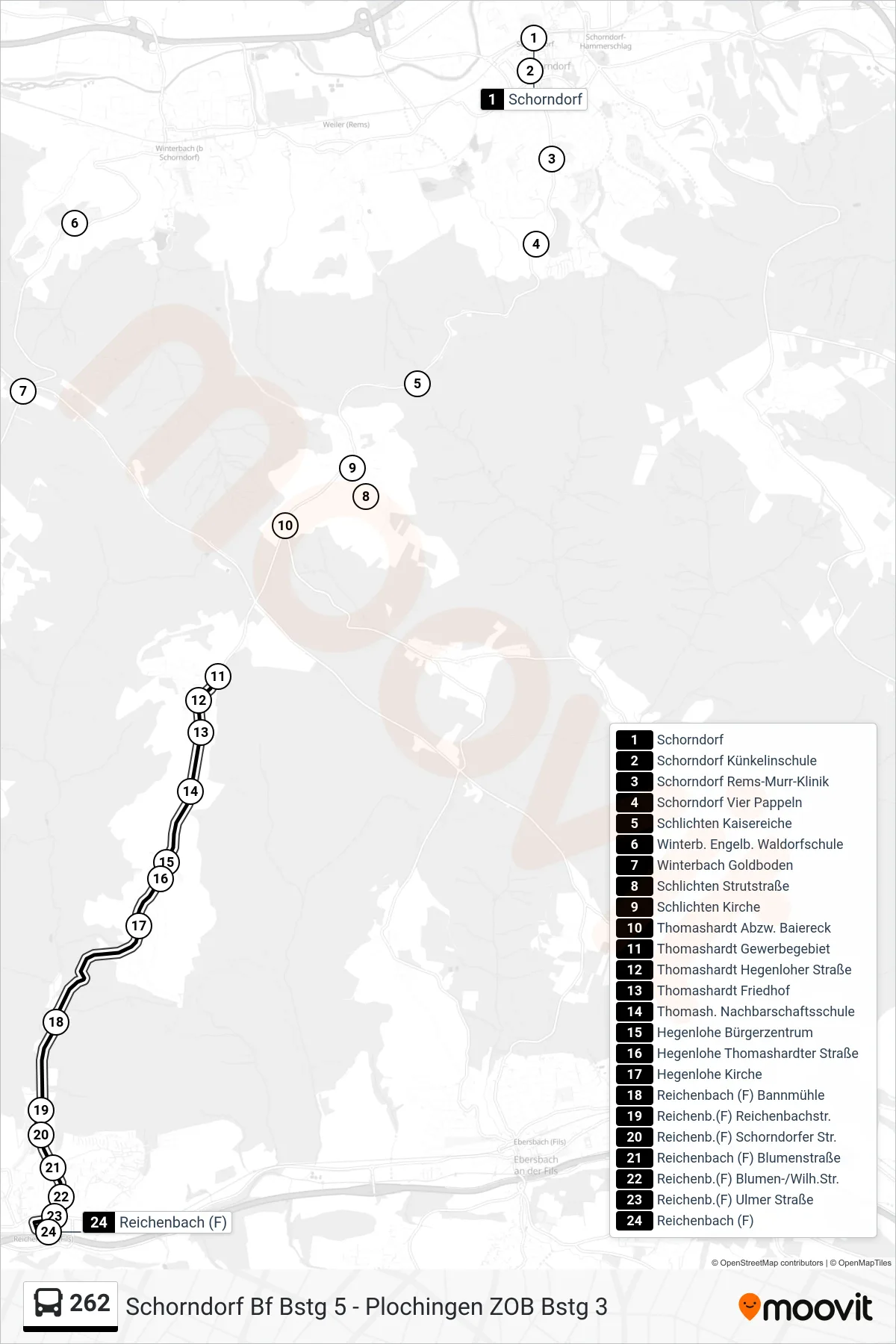 262 bus Line (Reichenbach (F)) route and stops on a map