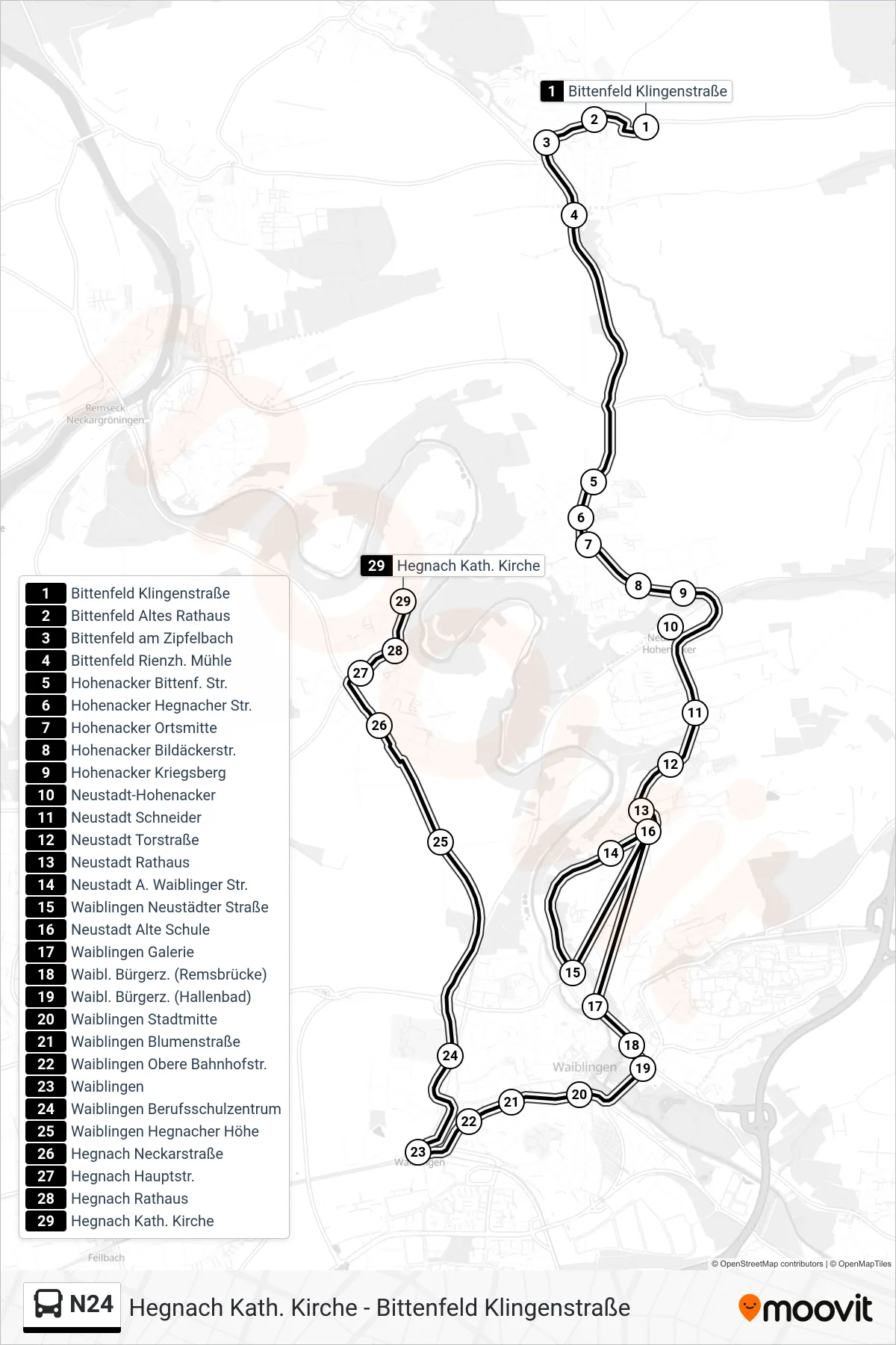 N24 bus Line (Hegnach Kath. Kirche) route and stops on a map