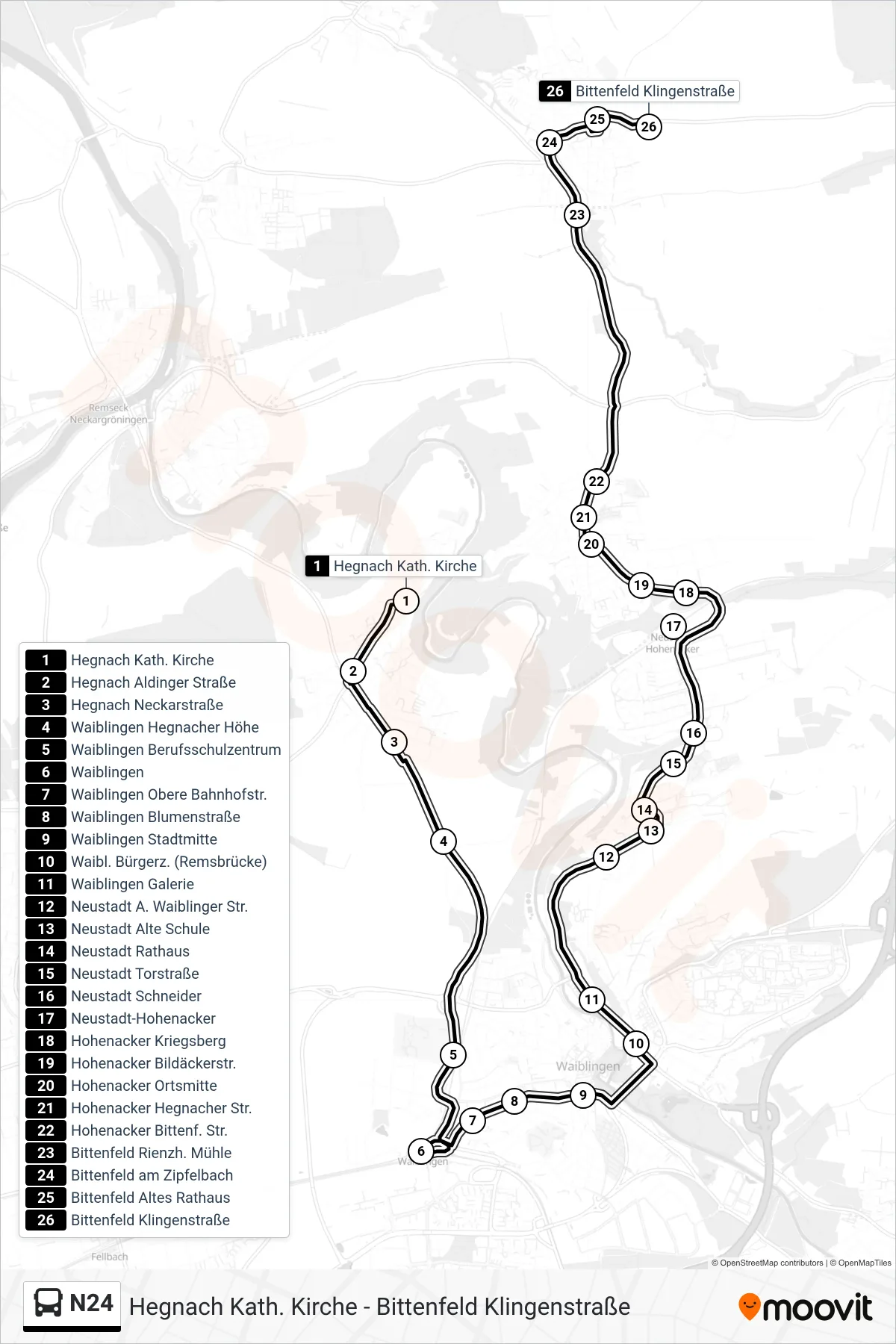 N24 bus Line (Bittenfeld Klingenstraße) route and stops on a map