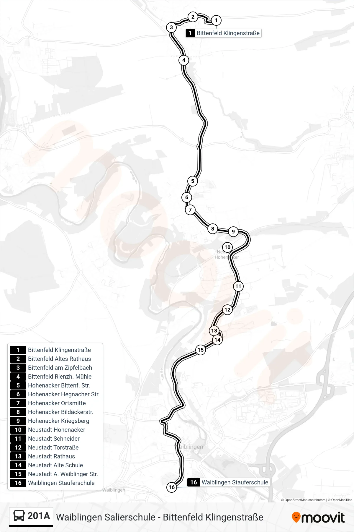 201A bus Line (Waiblingen Stauferschule) route and stops on a map