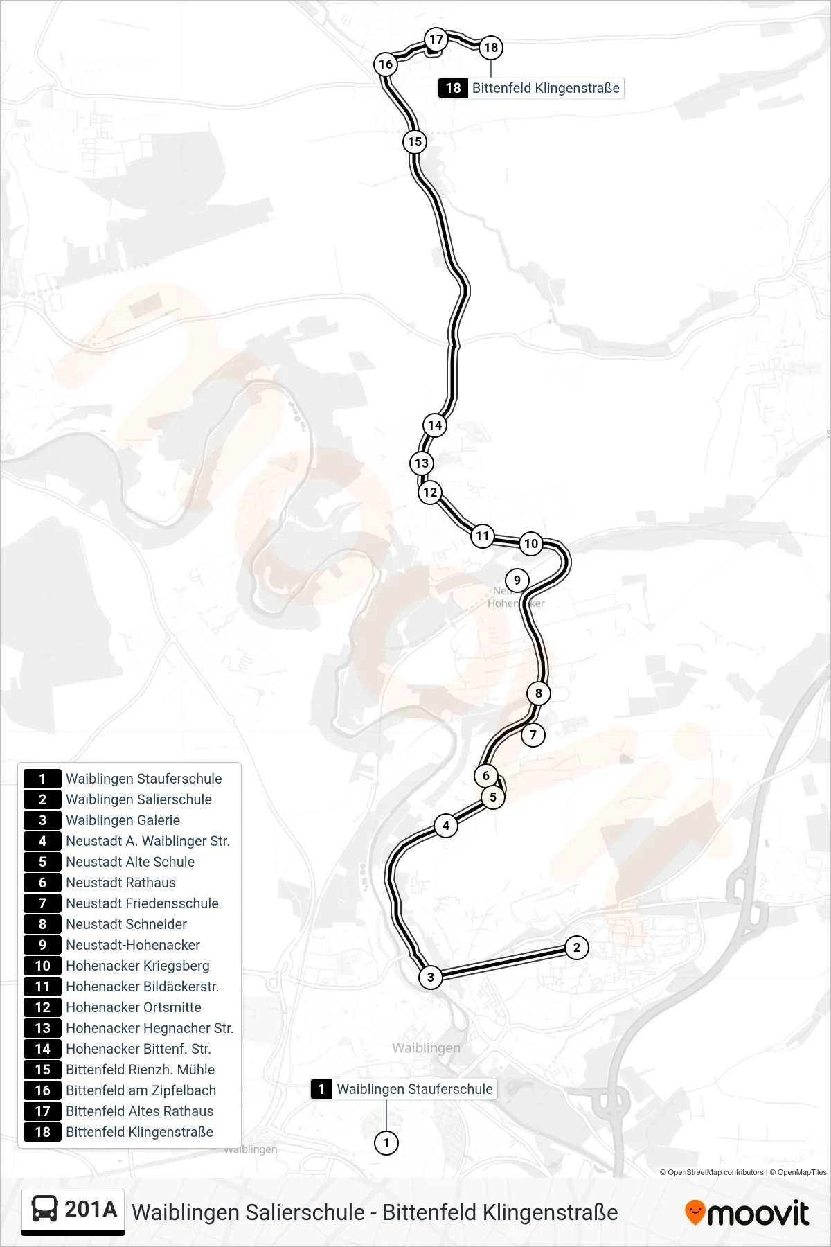 201A bus Line (Bittenfeld Klingenstraße) route and stops on a map