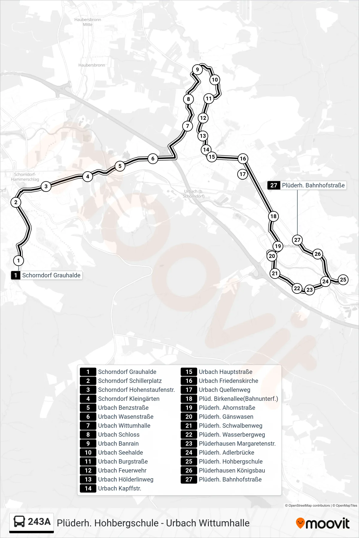 243A bus Line (Plüderh. Bahnhofstraße) route and stops on a map