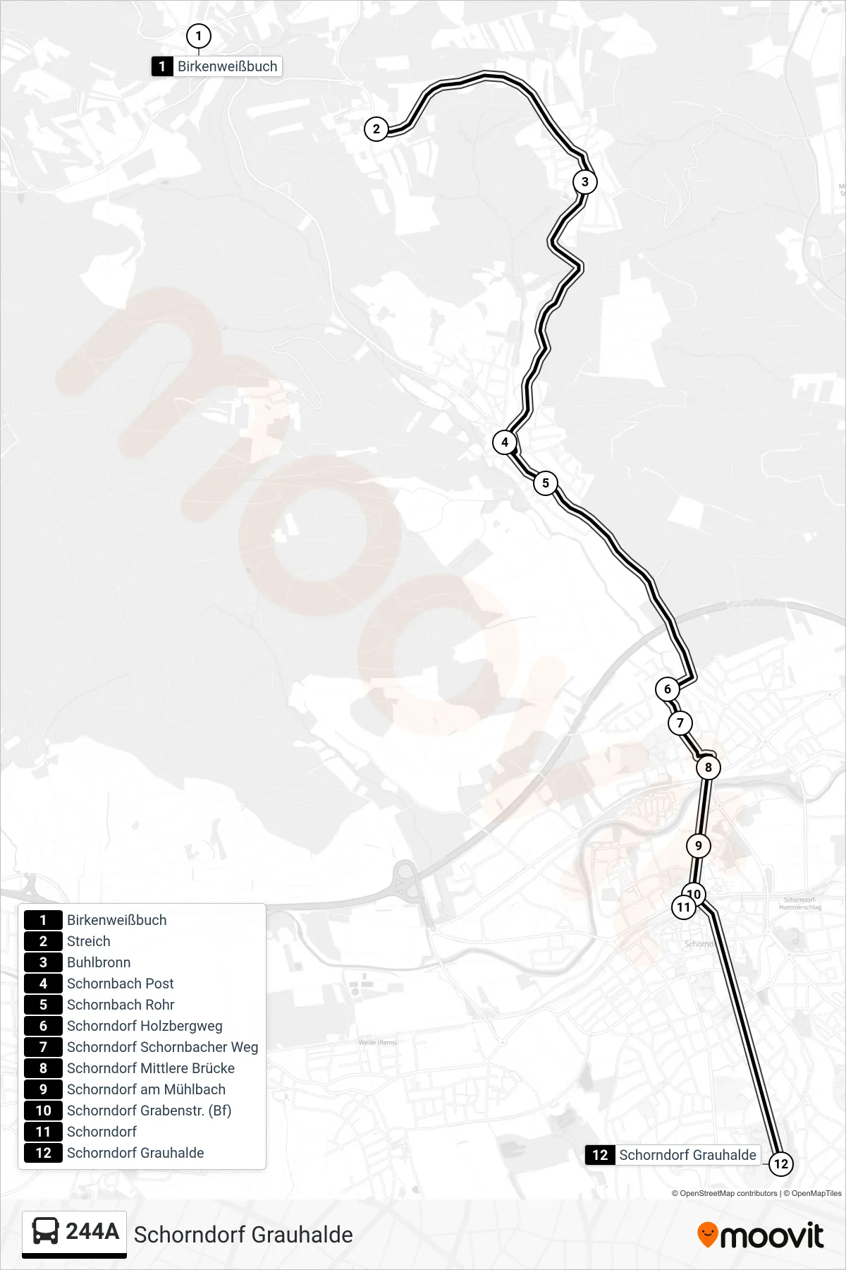 244A bus Line (Schorndorf Grauhalde) route and stops on a map