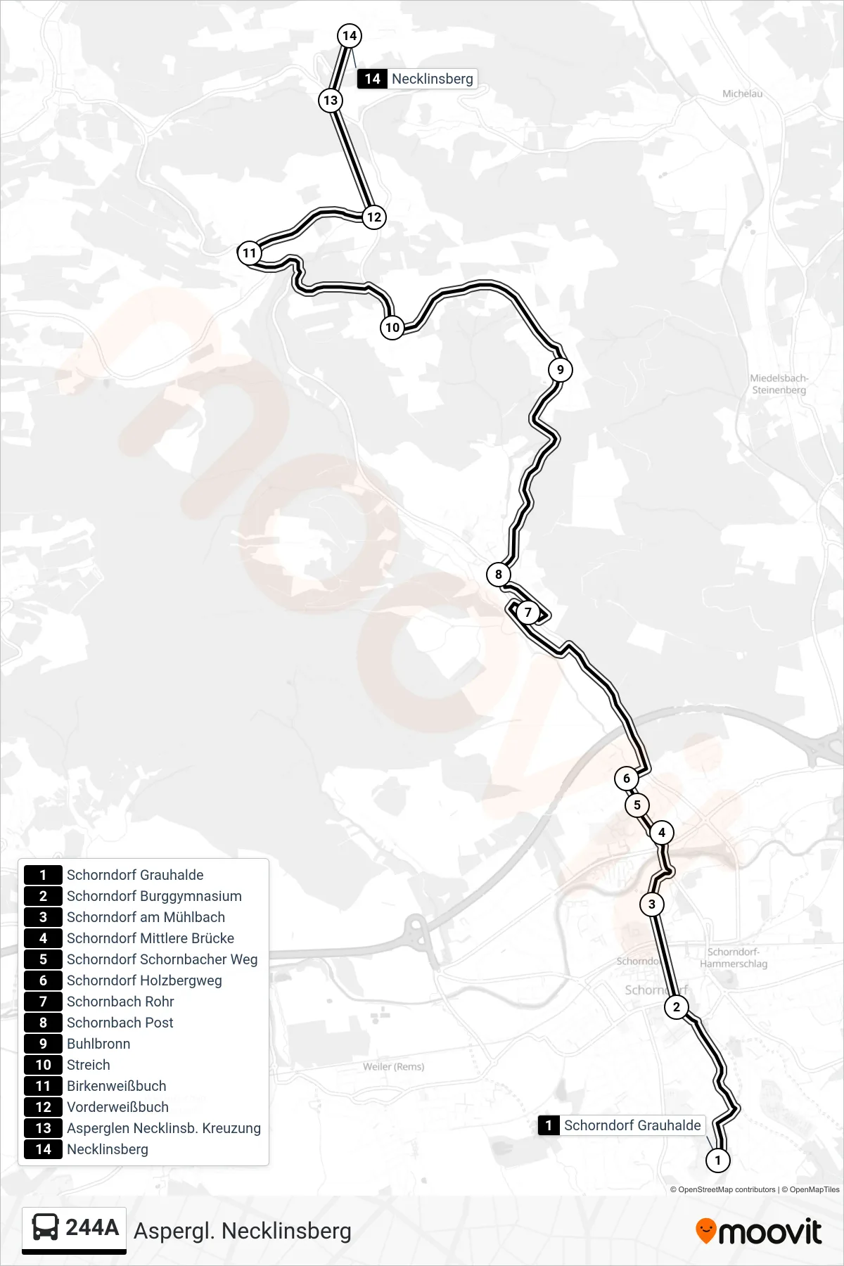 244A bus Line (Aspergl. Necklinsberg) route and stops on a map