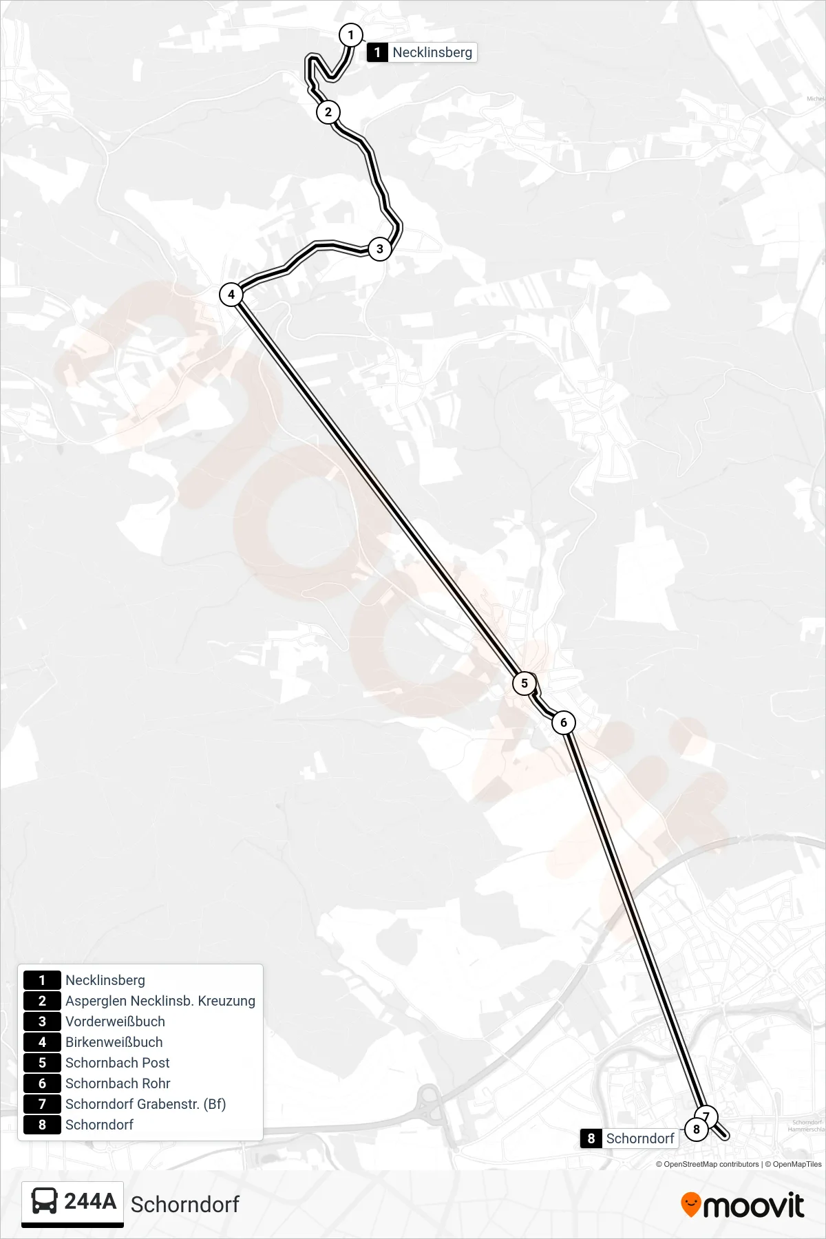 244A bus Line (Schorndorf) route and stops on a map