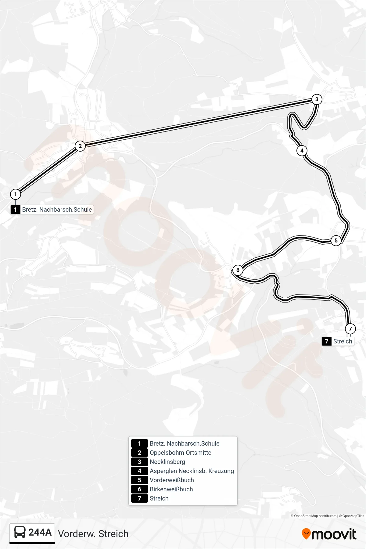 244A bus Line (Vorderw. Streich) route and stops on a map