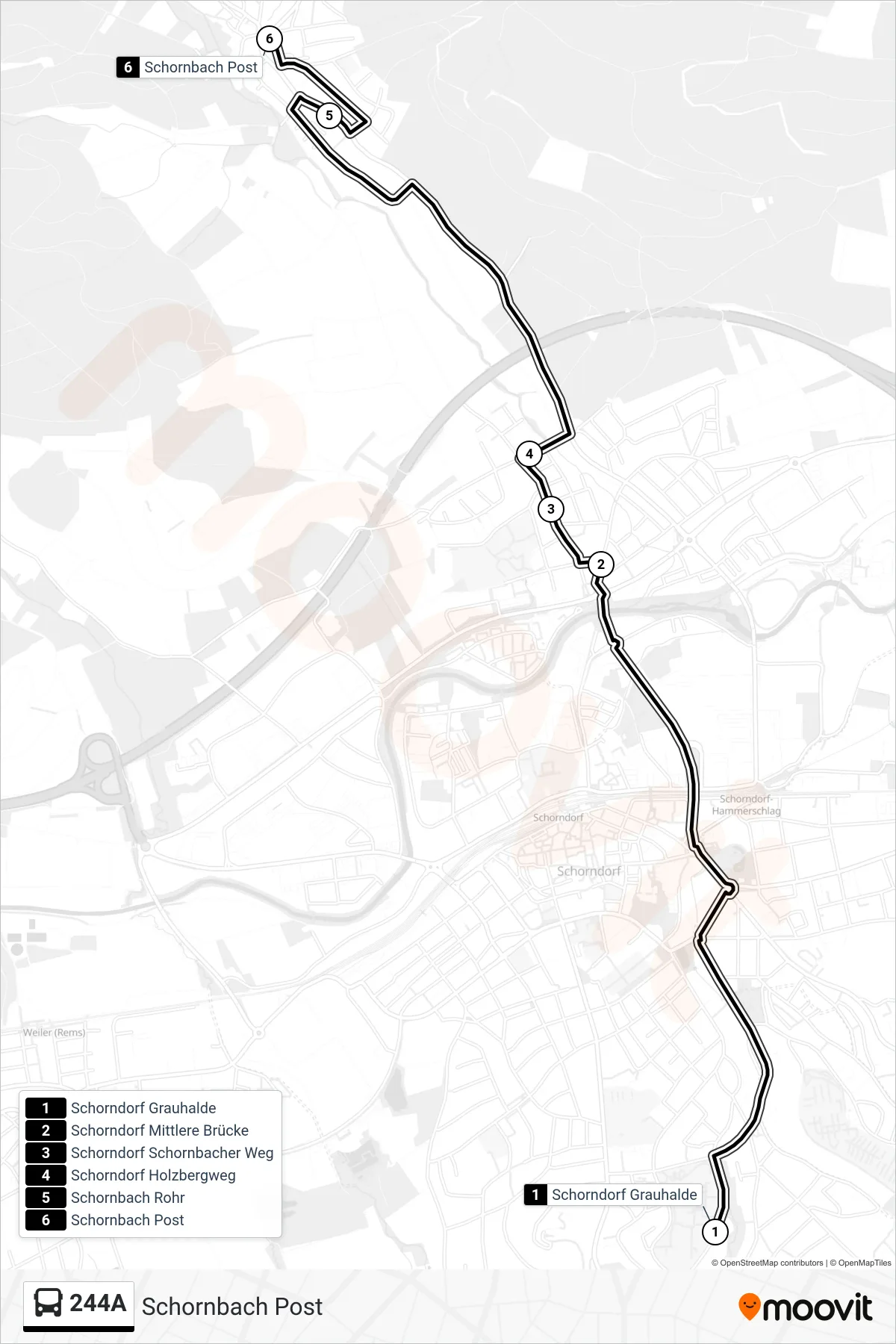 244A bus Line (Schornbach Post) route and stops on a map