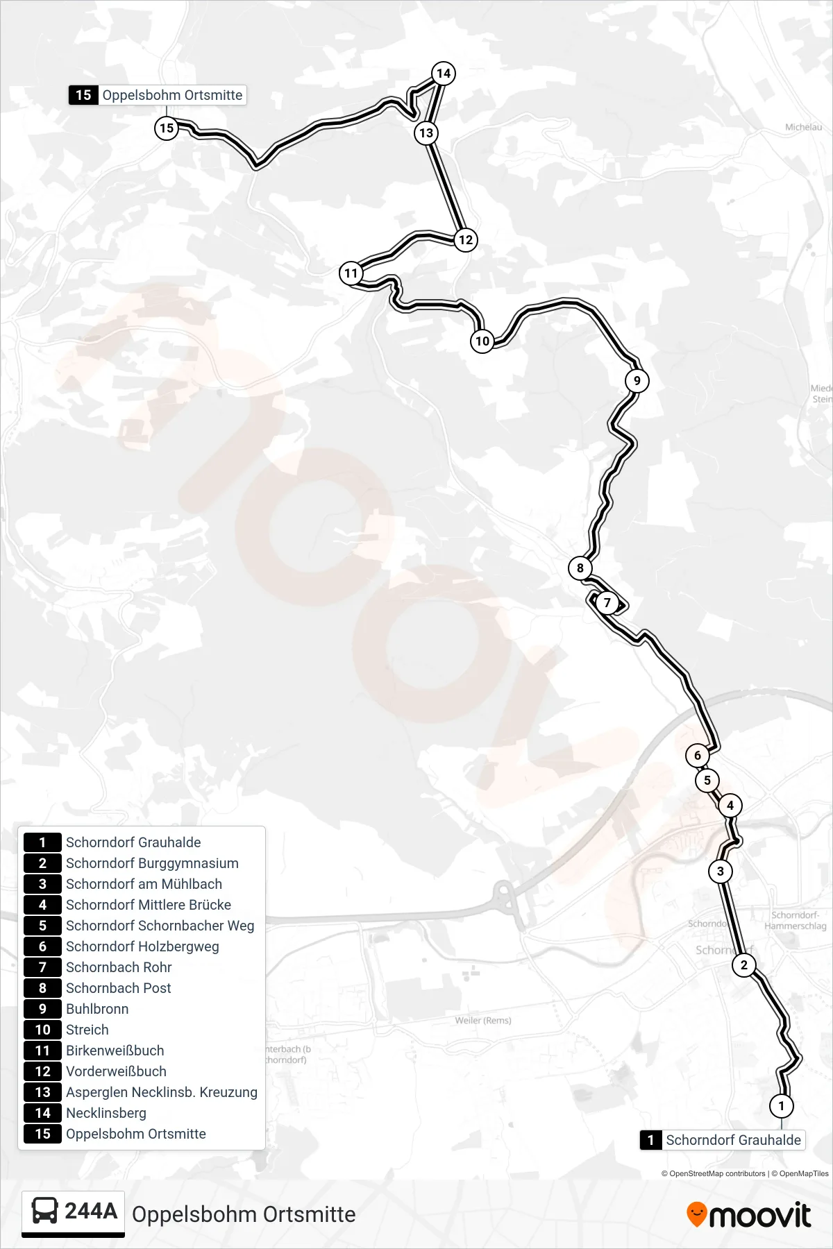 Linie 244A (Bus) Richtung Oppelsbohm Ortsmitte: Route und Haltestellen auf der Karte