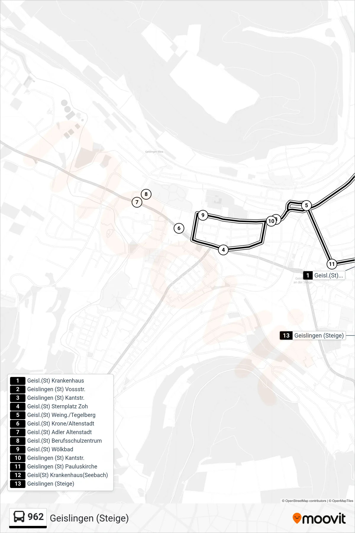 Linie 962 (Bus) Richtung Geislingen (Steige): Route und Haltestellen auf der Karte