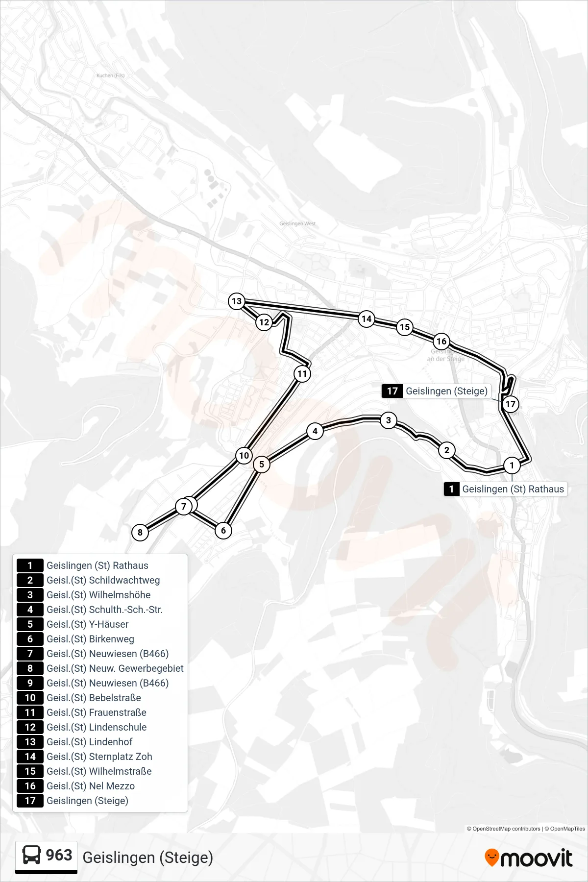 Linie 963 (Bus) Richtung Geislingen (Steige): Route und Haltestellen auf der Karte