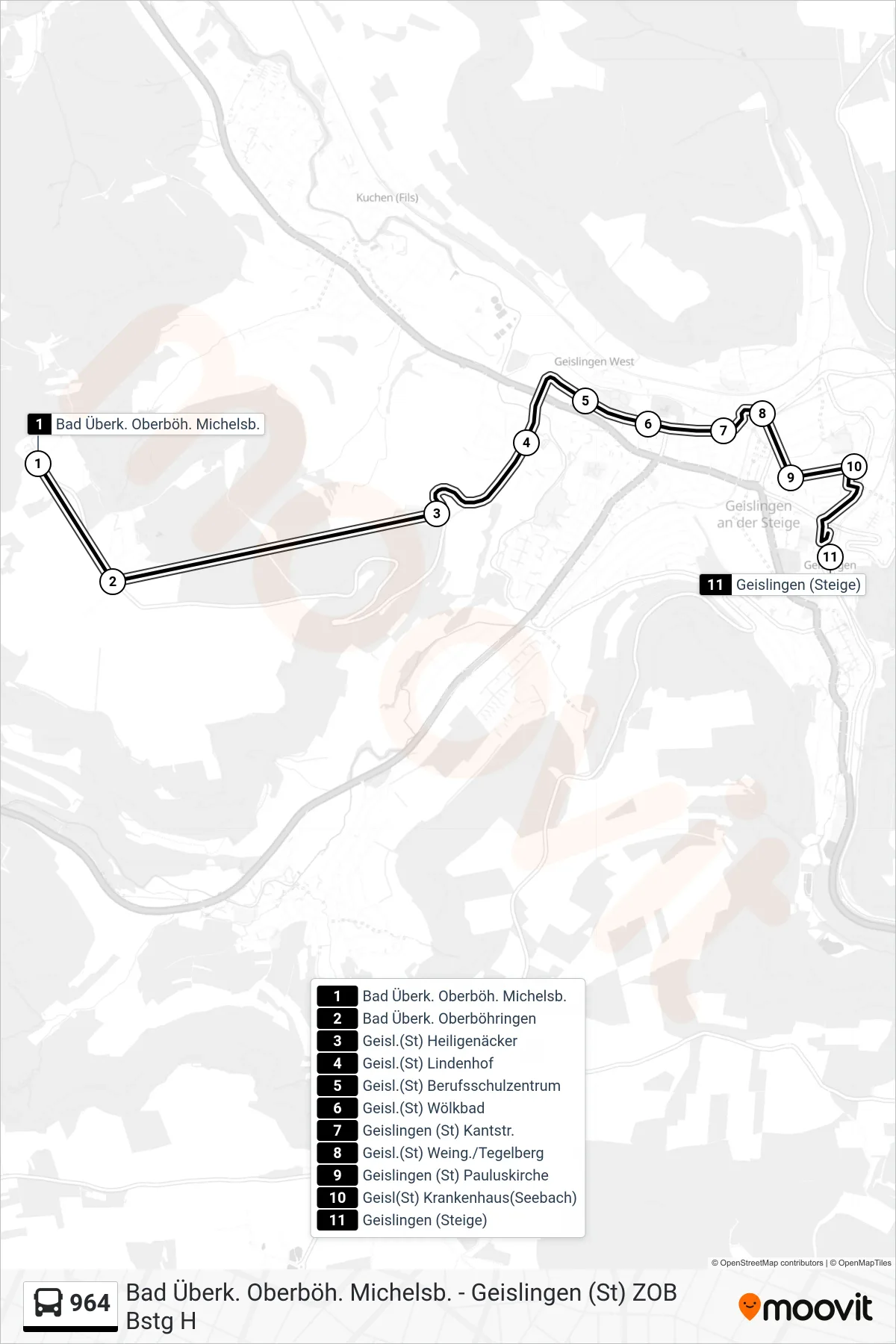964 bus Line (Geislingen (Steige)) route and stops on a map