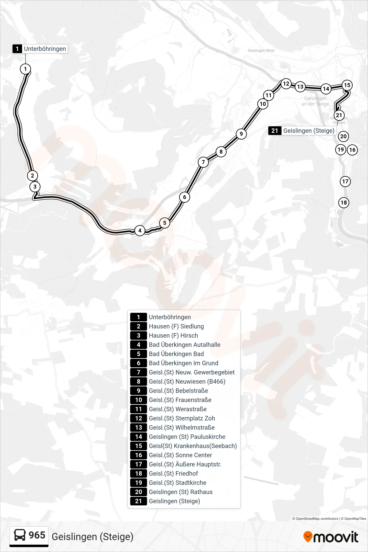 965 bus Line (Geislingen (Steige)) route and stops on a map