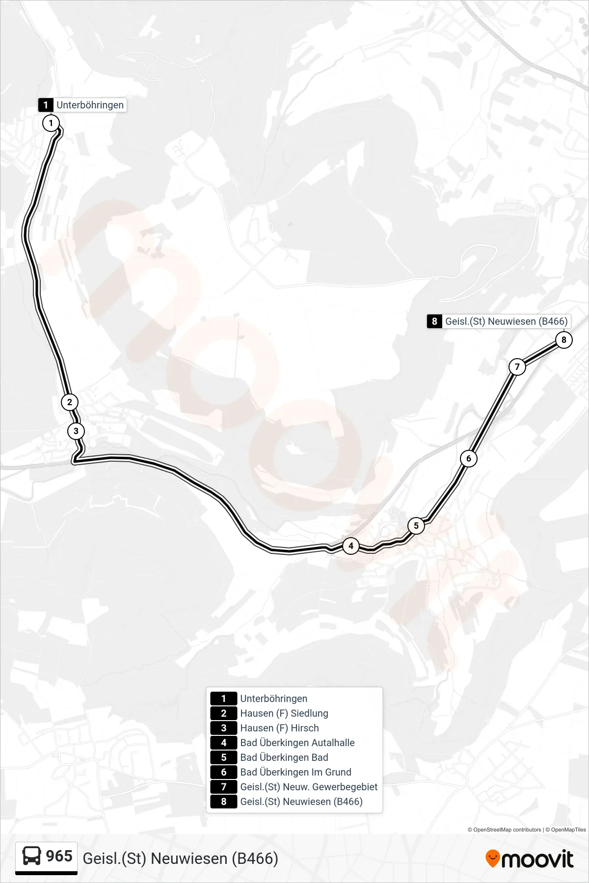 965 bus Line (Geisl.(St) Neuwiesen (B466)) route and stops on a map