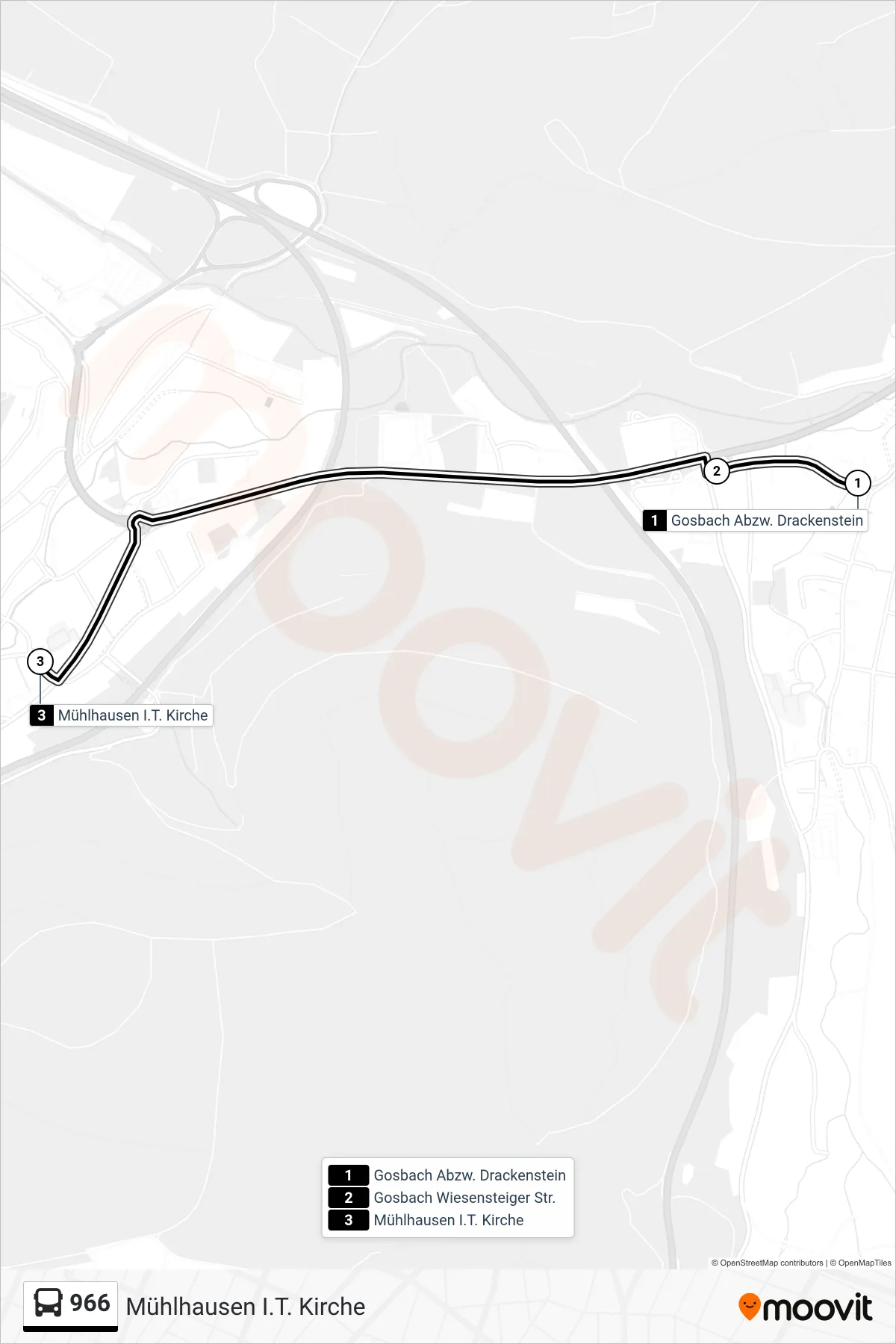 966 bus Line (Mühlhausen I.T. Kirche) route and stops on a map