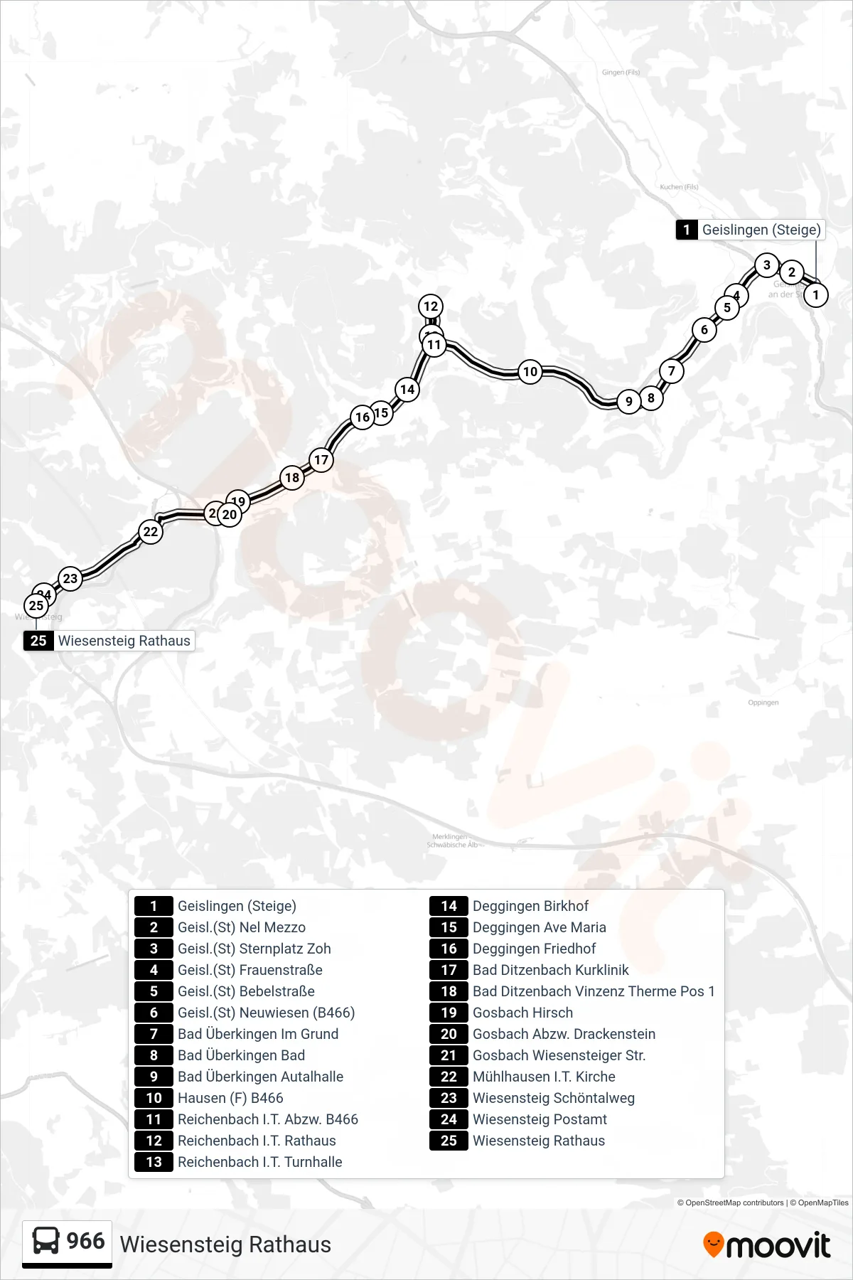 Linie 966 (Bus) Richtung Wiesensteig Rathaus: Route und Haltestellen auf der Karte
