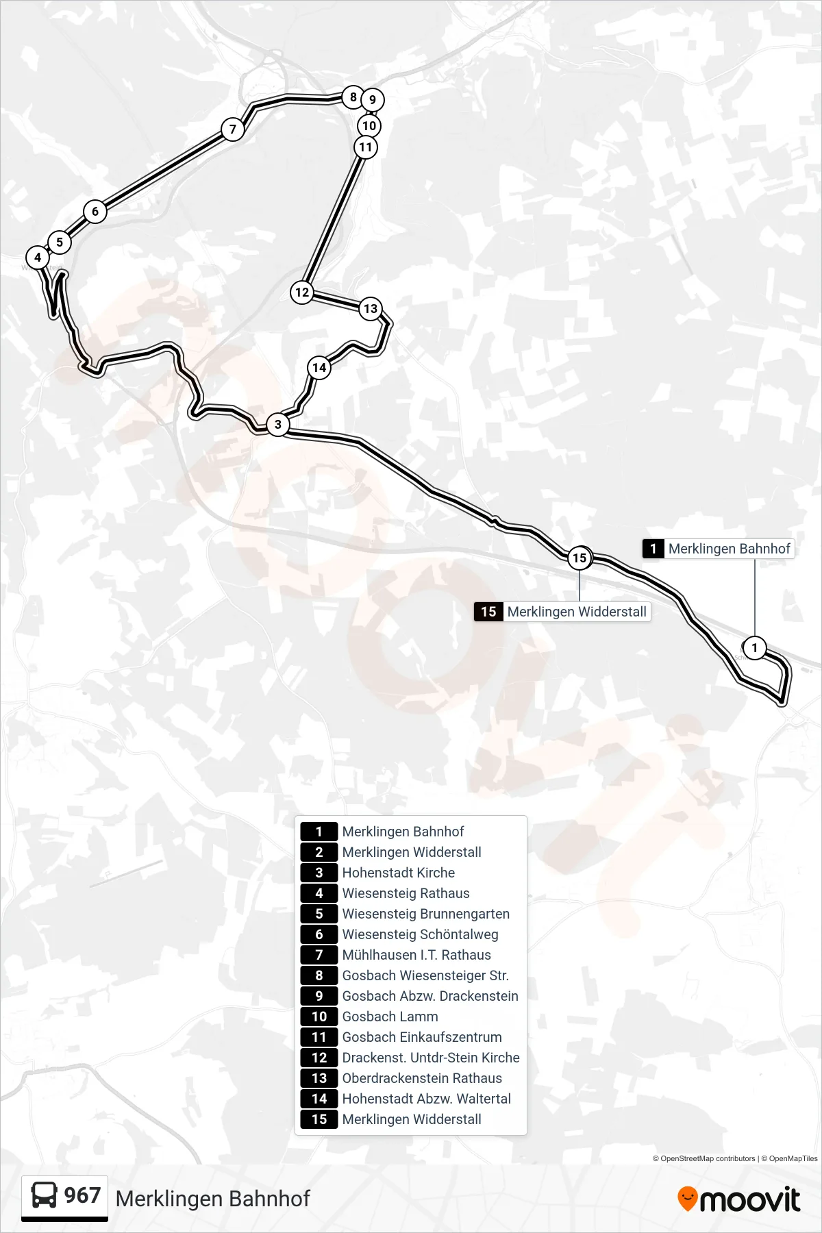 Linie 967 (Bus) Richtung Merklingen Bahnhof: Route und Haltestellen auf der Karte