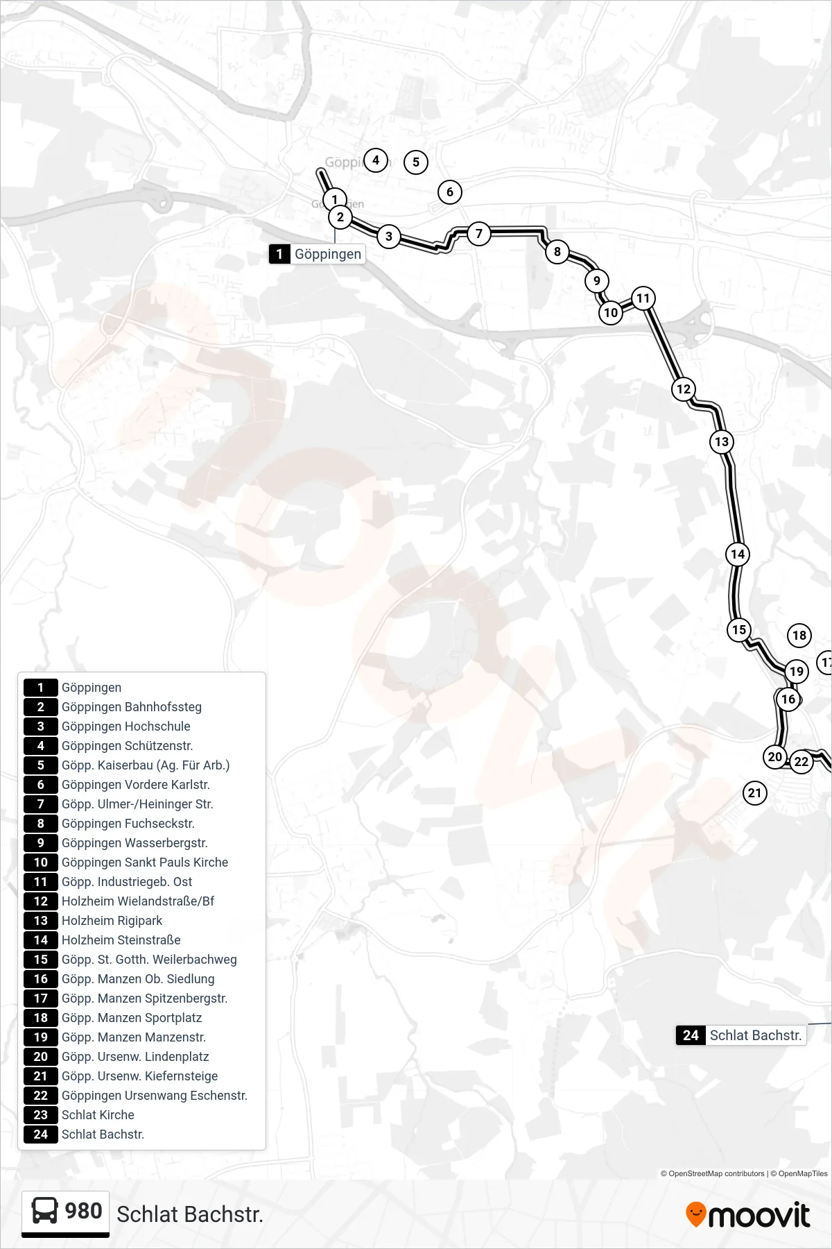 Linie 980 (Bus) Richtung Schlat Bachstr.: Route und Haltestellen auf der Karte