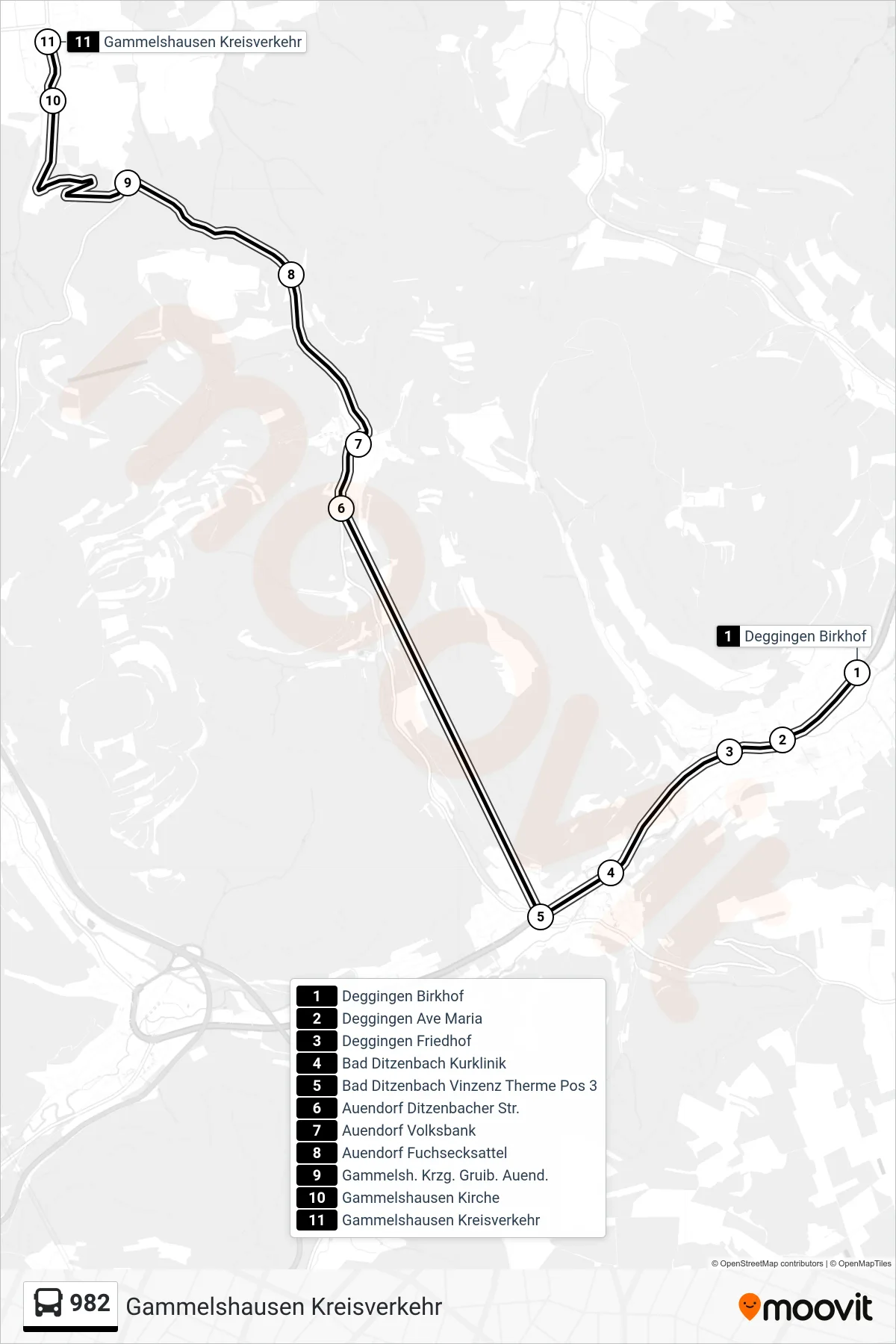 Linie 982 (Bus) Richtung Gammelshausen Kreisverkehr: Route und Haltestellen auf der Karte