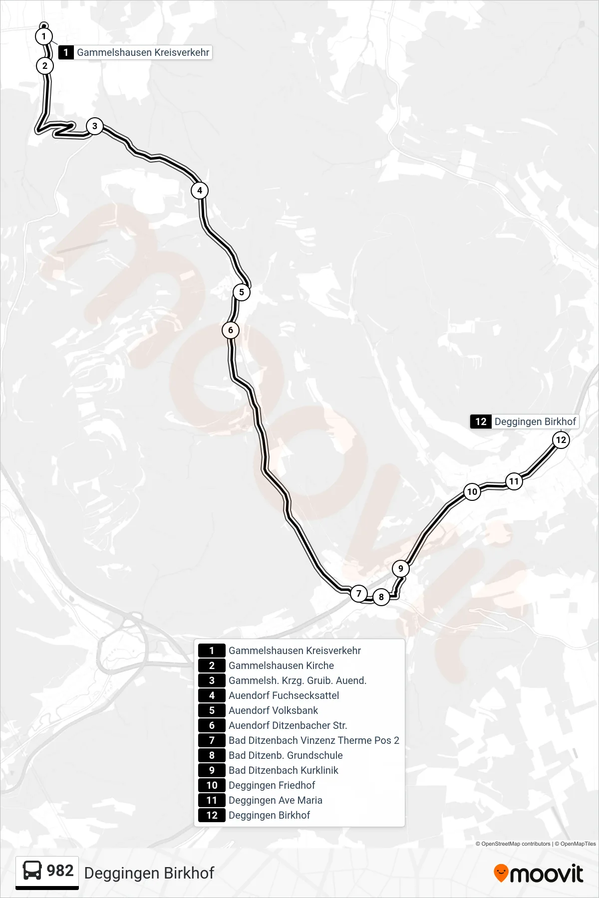 982 bus Line (Deggingen Birkhof) route and stops on a map
