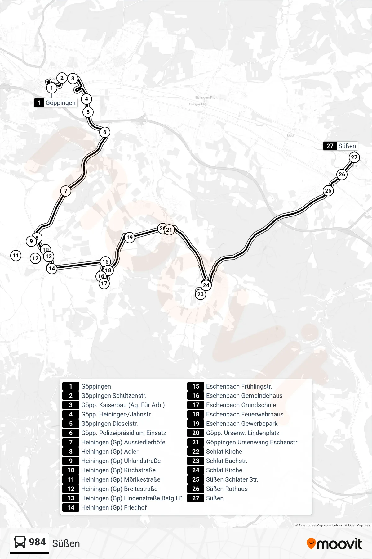 984 bus Line (Süßen) route and stops on a map