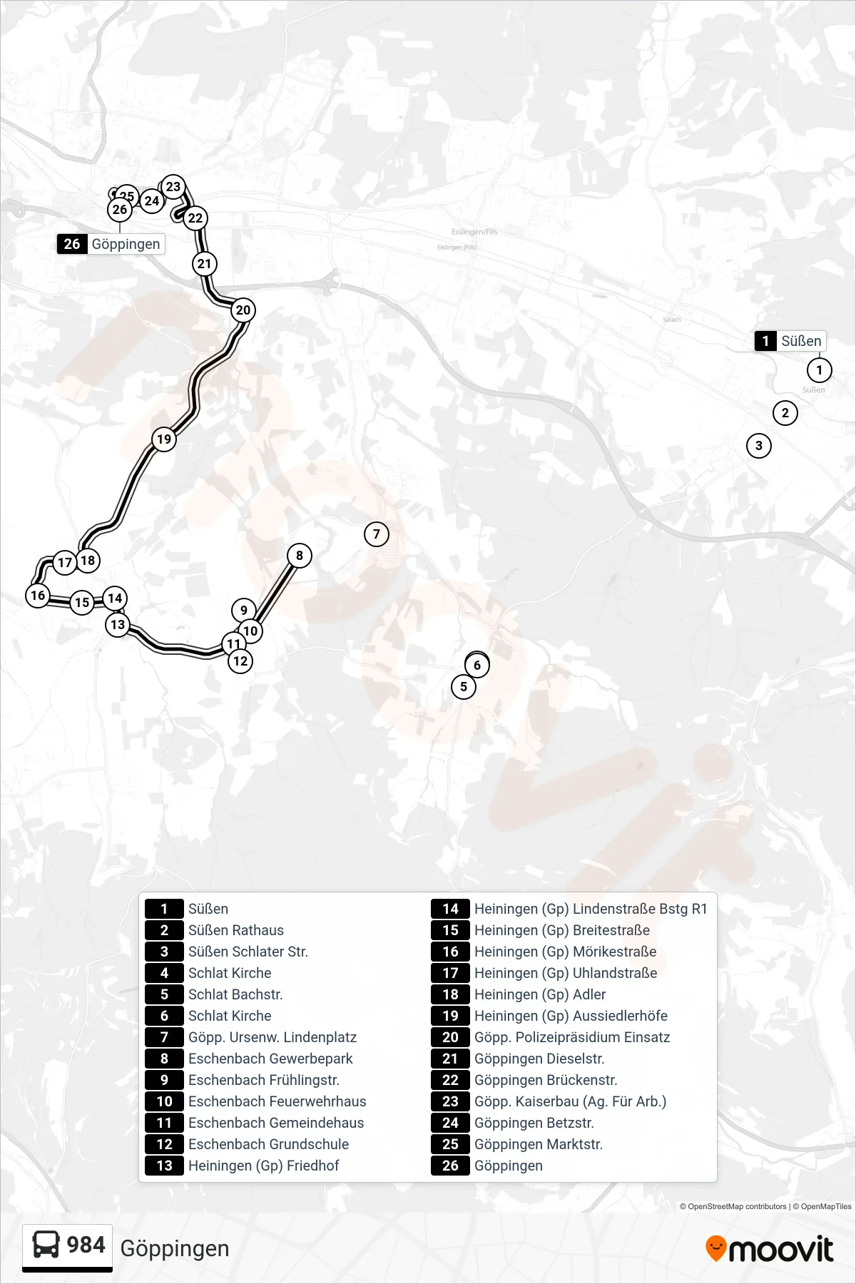 984 bus Line (Göppingen) route and stops on a map