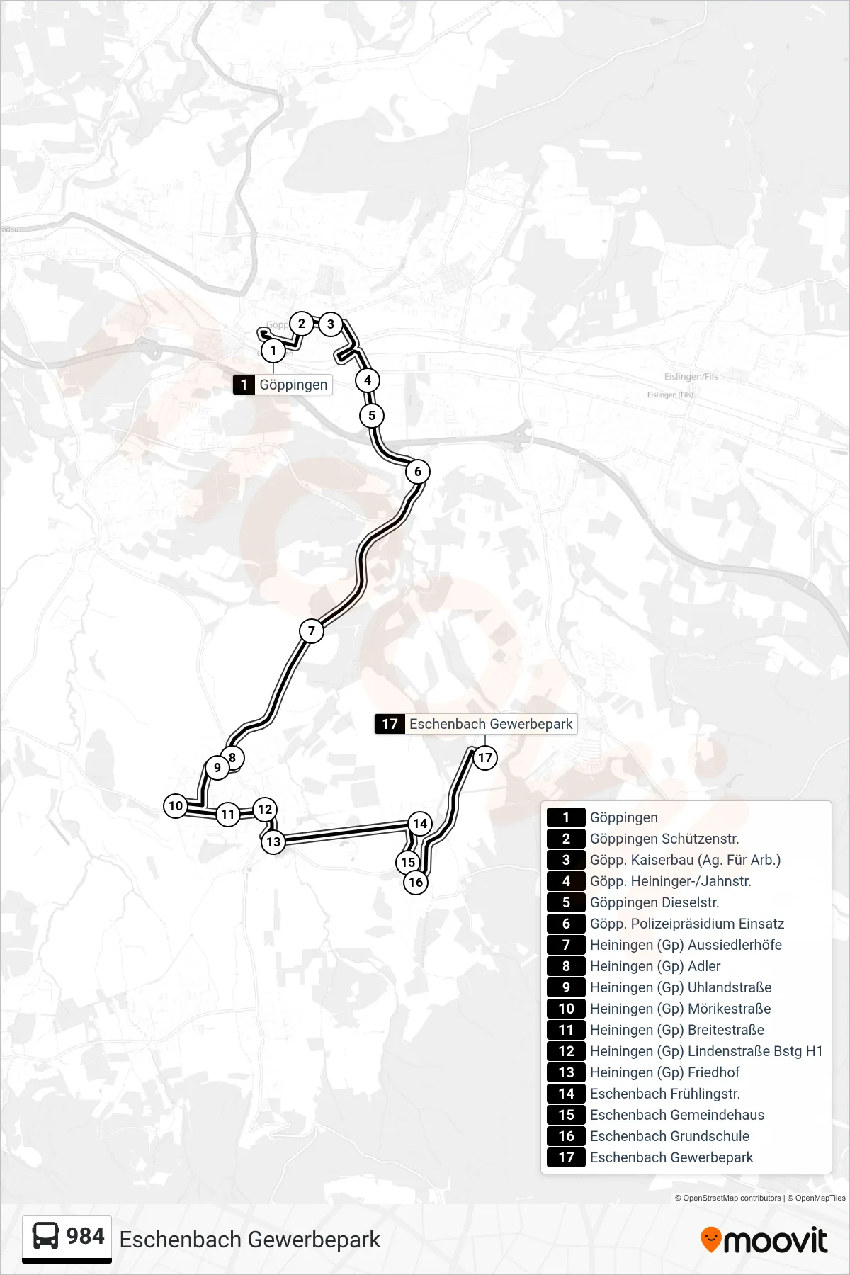 984 bus Line (Eschenbach Gewerbepark) route and stops on a map