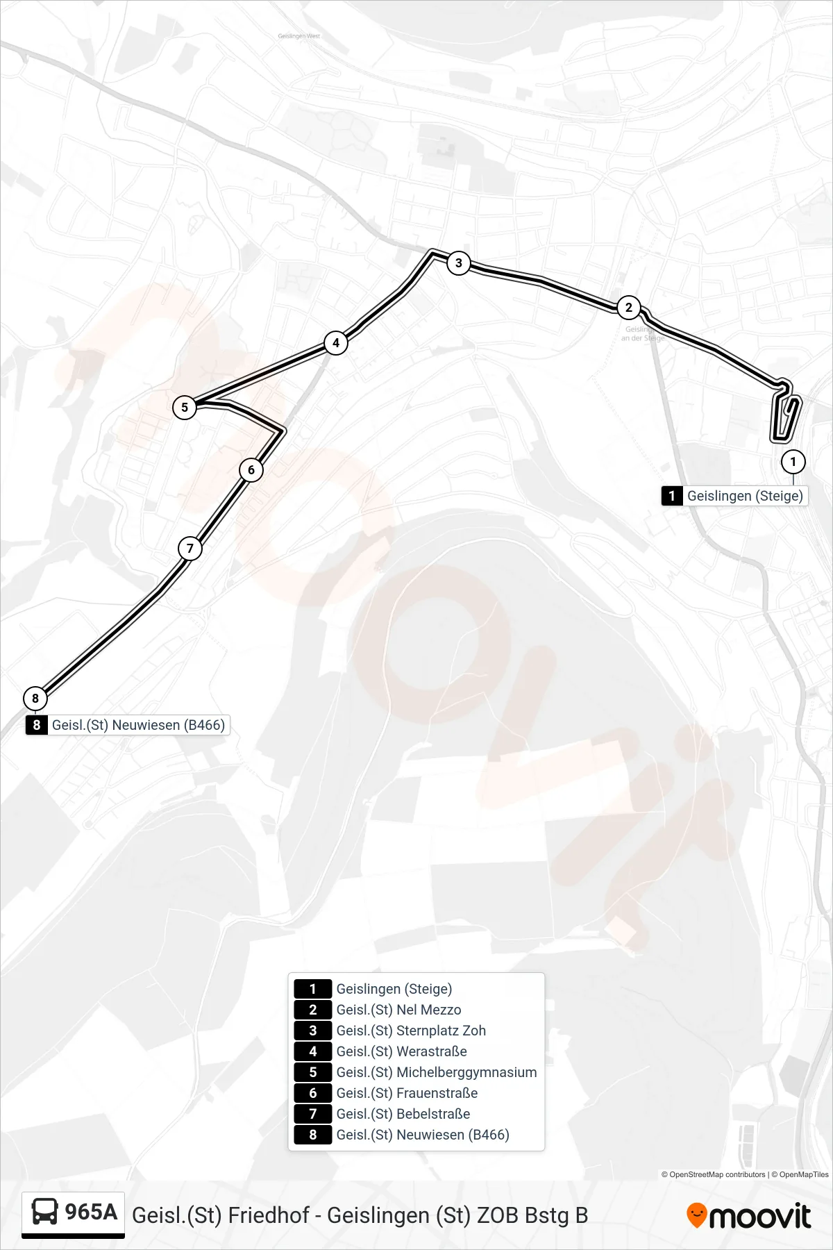965A bus Line (Geisl.(St) Neuwiesen (B466)) route and stops on a map