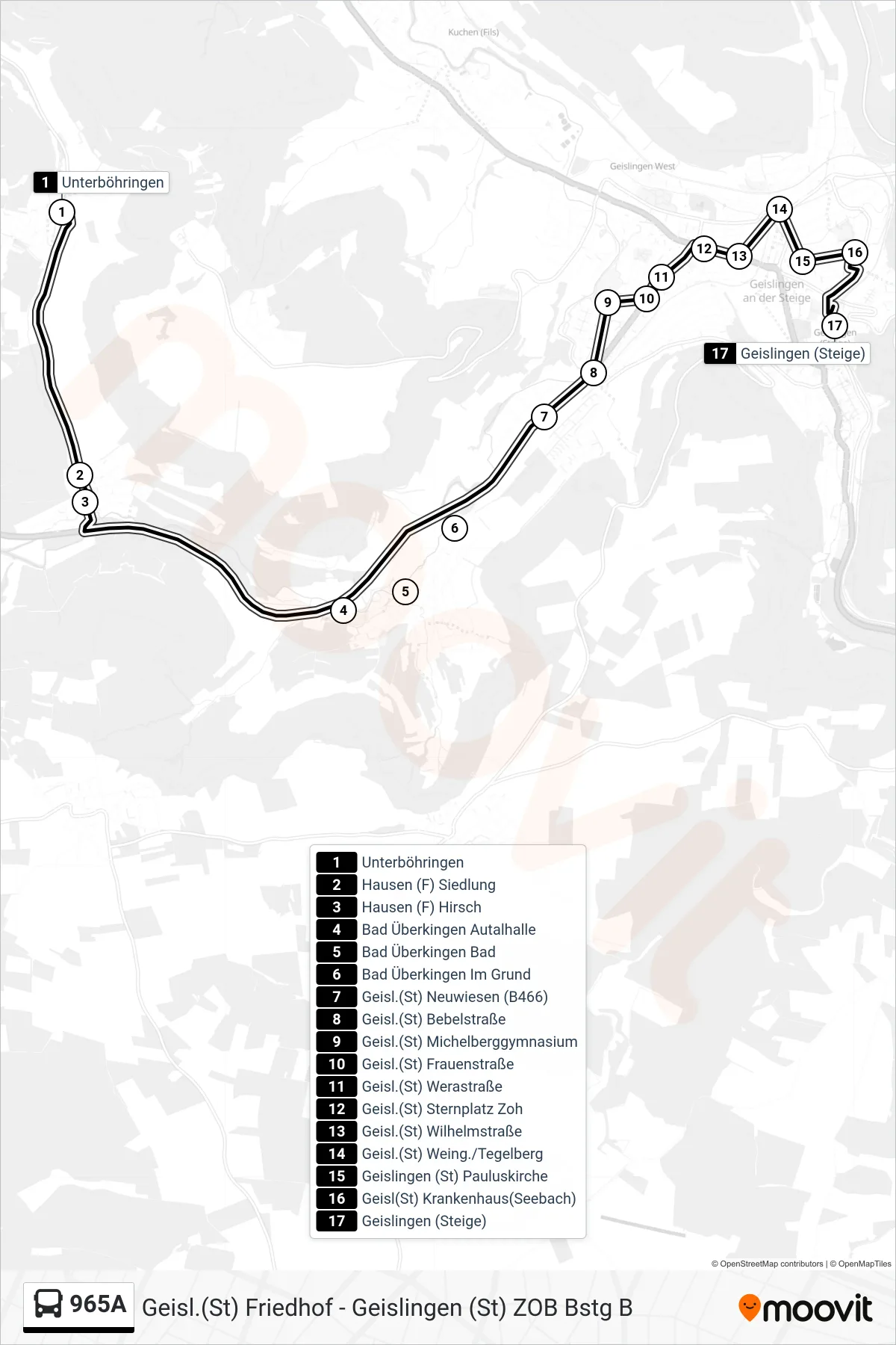 965A bus Line (Geislingen (Steige)) route and stops on a map