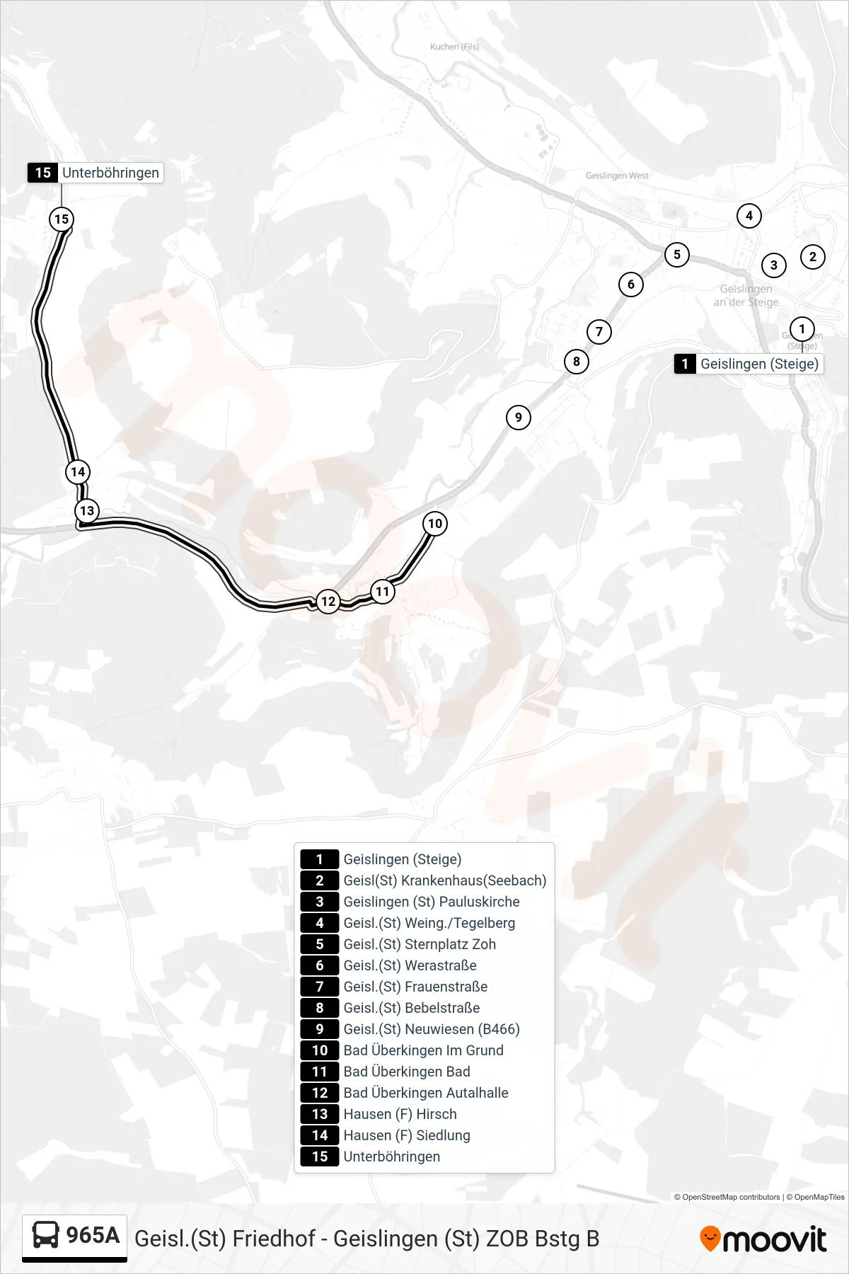 965A bus Line (Unterböhringen) route and stops on a map