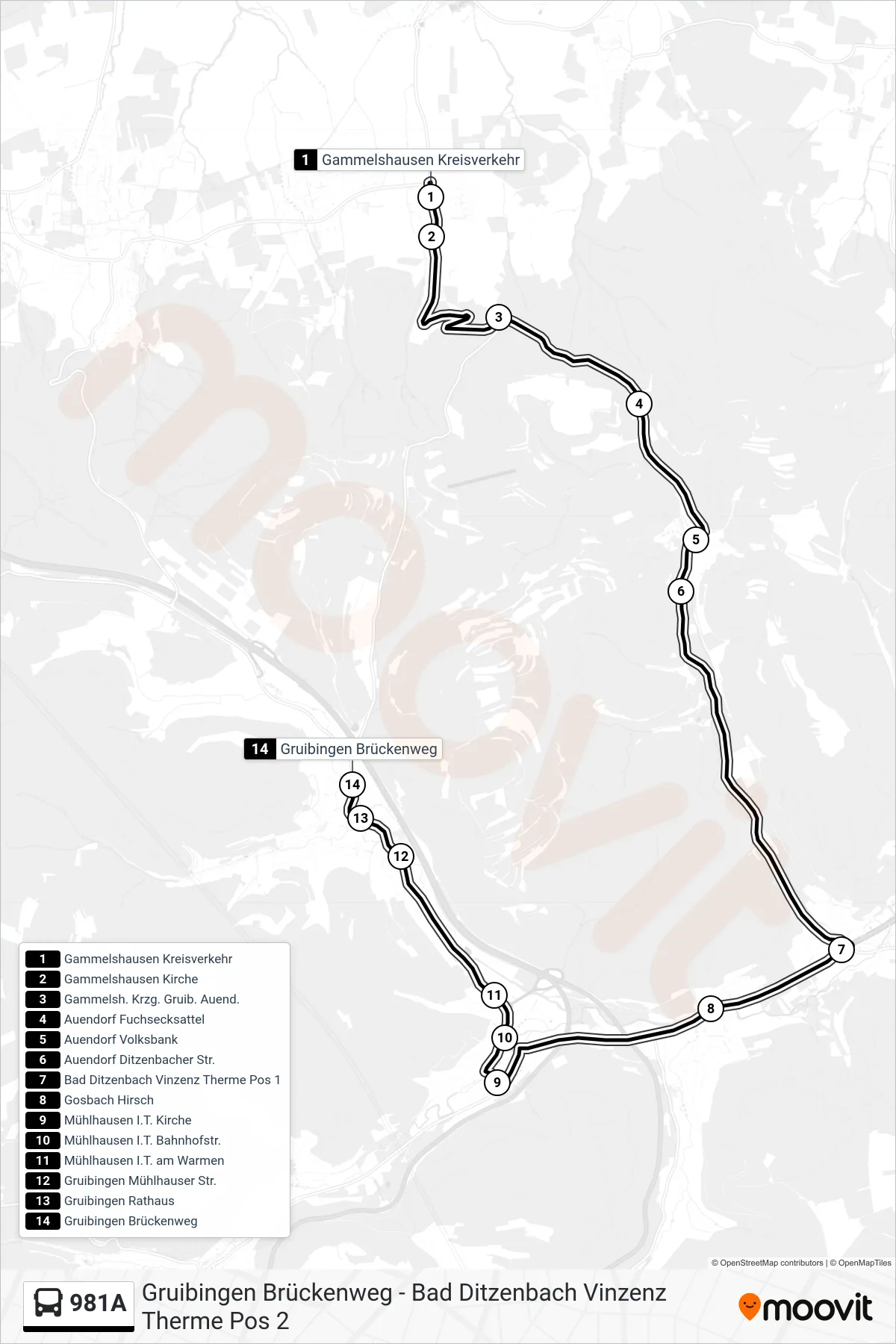 981A bus Line (Gruibingen Brückenweg) route and stops on a map