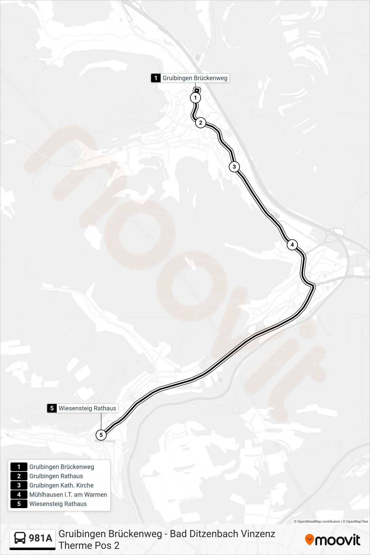 981A bus Line (Wiesensteig Rathaus) route and stops on a map