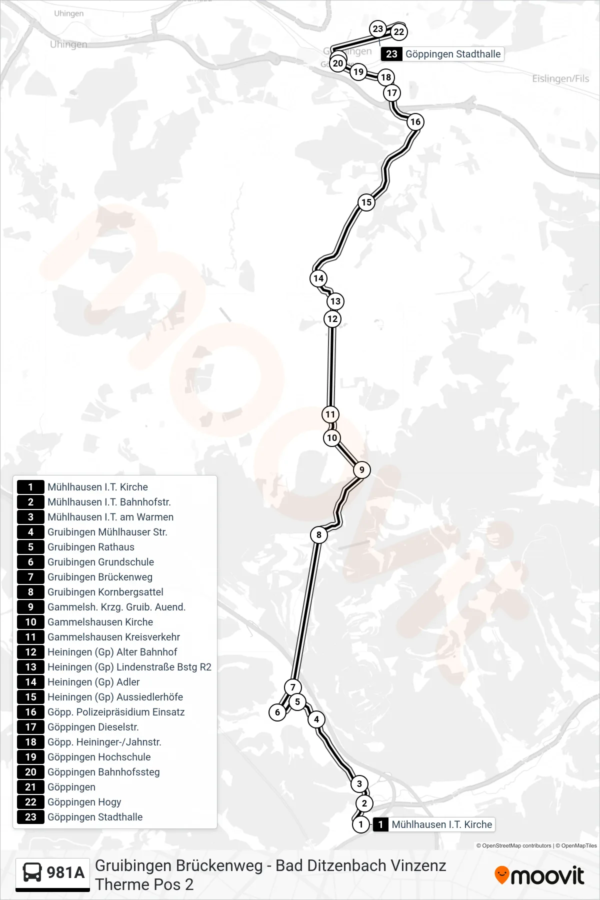 981A bus Line (Göppingen Stadthalle) route and stops on a map
