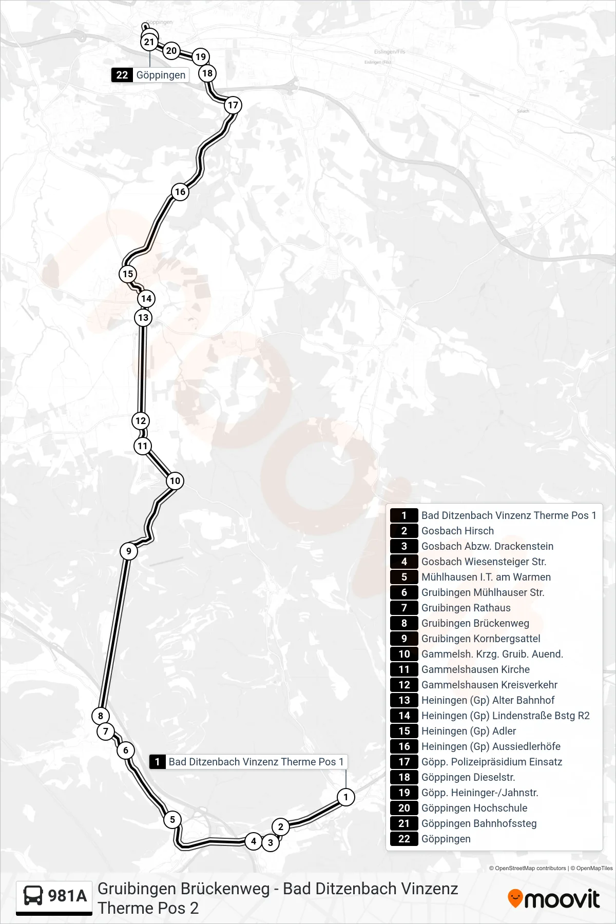 981A bus Line (Göppingen) route and stops on a map
