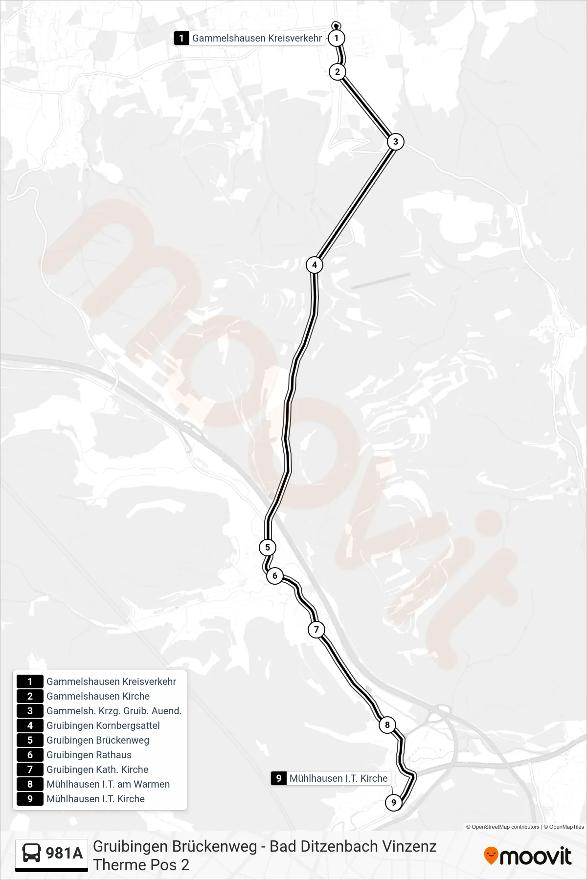 981A bus Line (Mühlhausen I.T. Kirche) route and stops on a map
