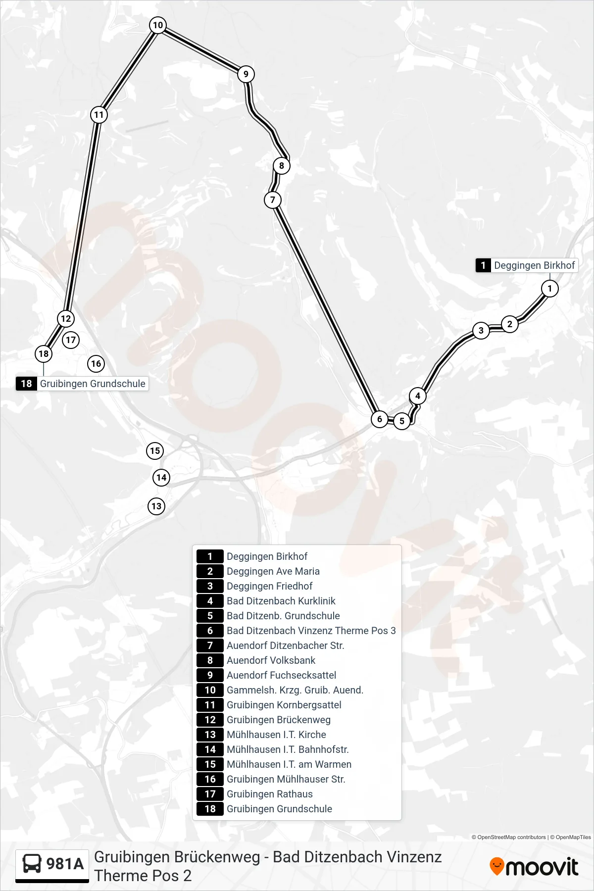 981A bus Line (Gruibingen Grundschule) route and stops on a map