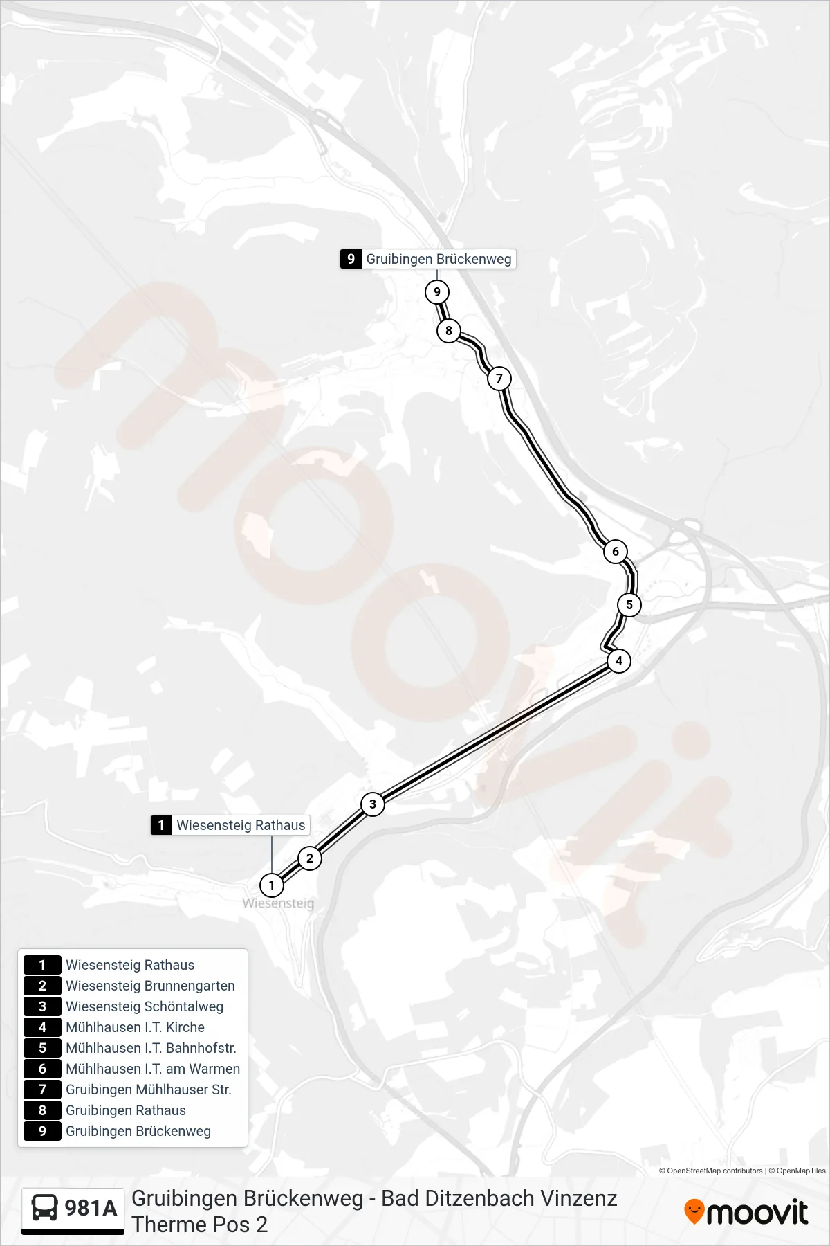 981A bus Line (Gruibingen Brückenweg) route and stops on a map